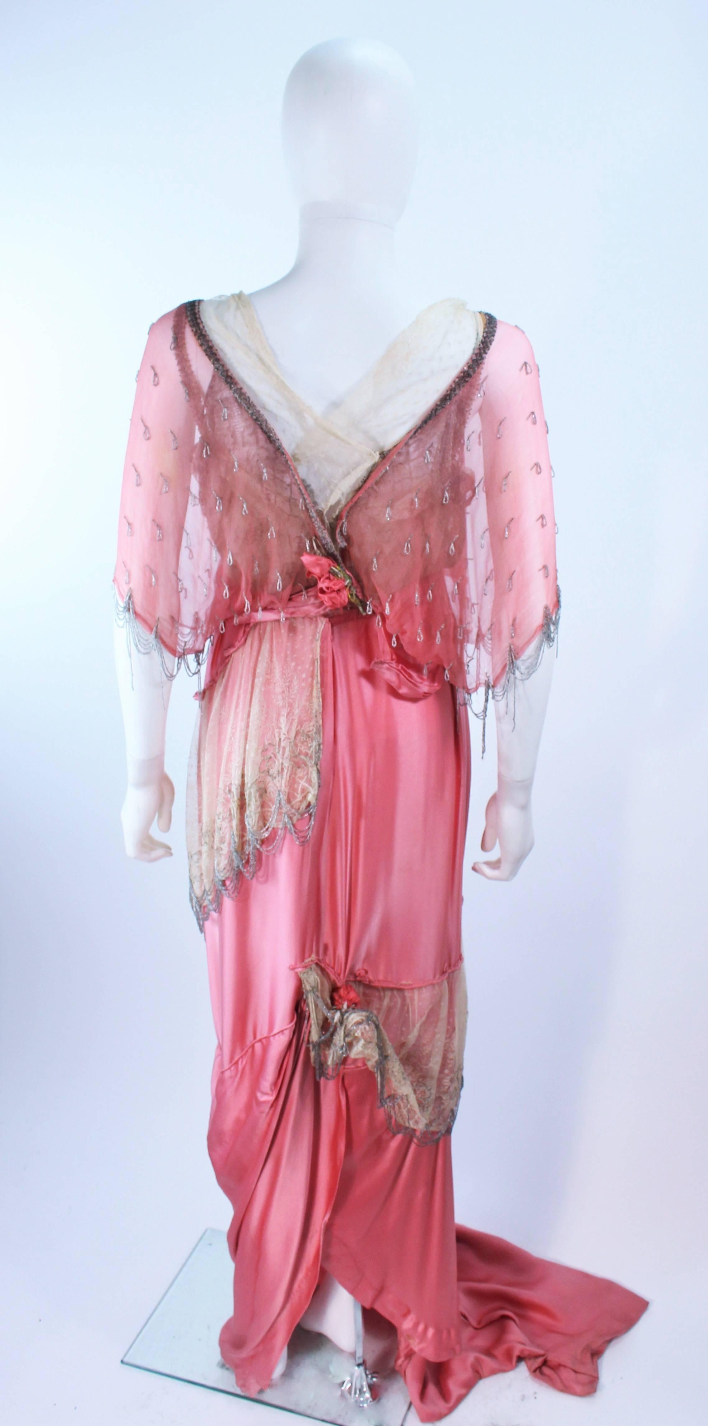 VINTAGE VICTORIAN Pink Silk Gown with Silver Hand Beaded Applique Size 2 4 5