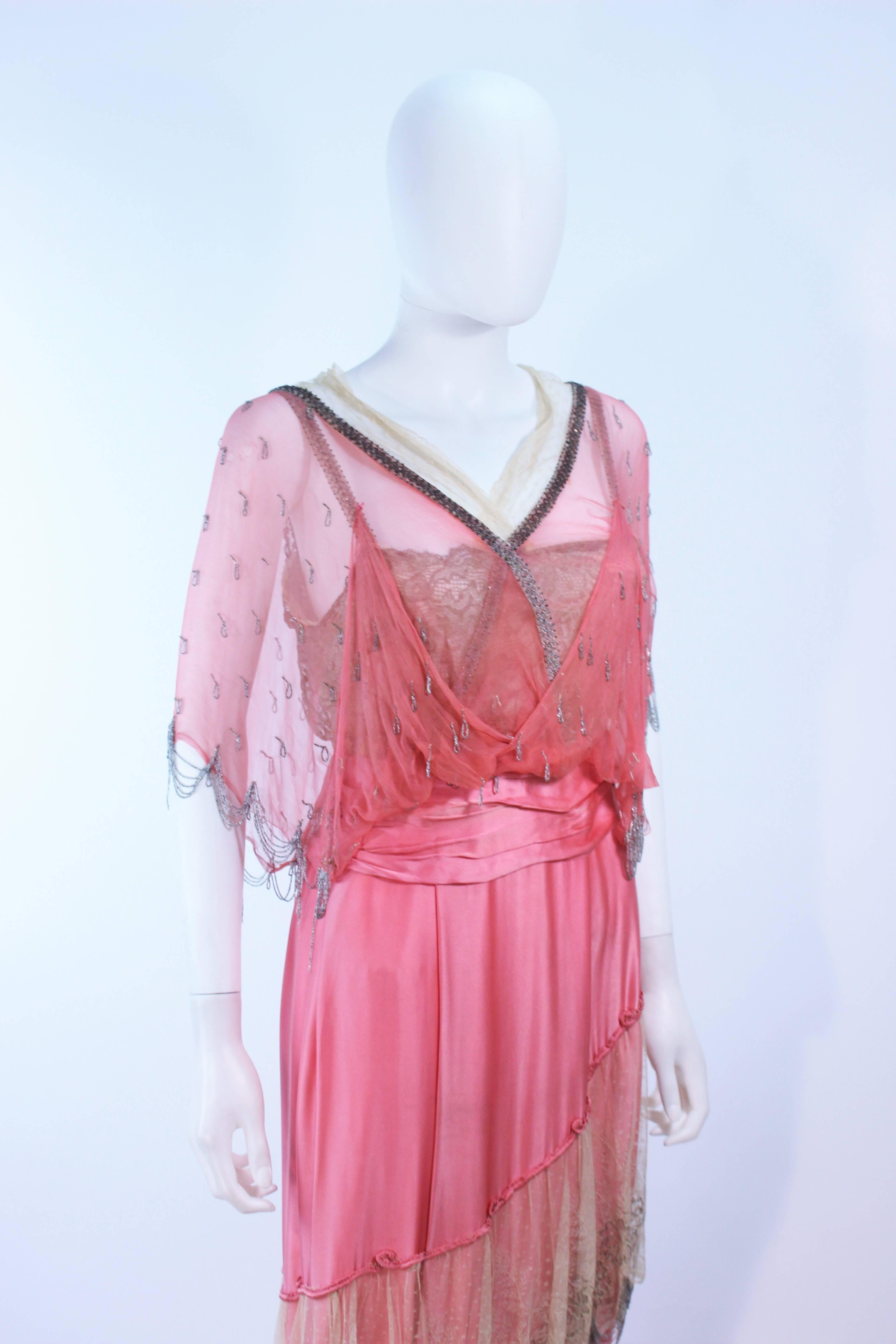 VINTAGE VICTORIAN Pink Silk Gown with Silver Hand Beaded Applique Size 2 4 2