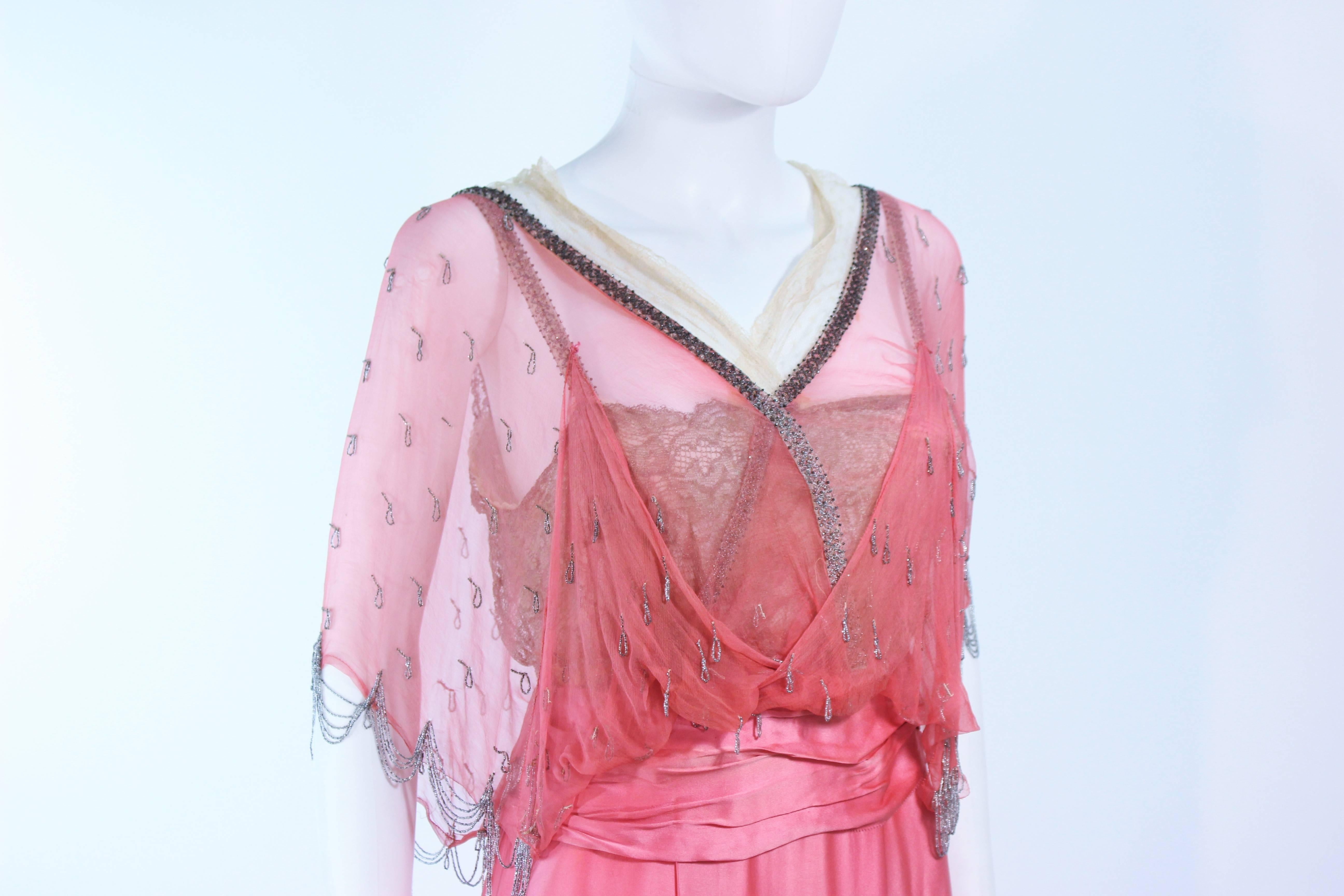 VINTAGE VICTORIAN Pink Silk Gown with Silver Hand Beaded Applique Size 2 4 3