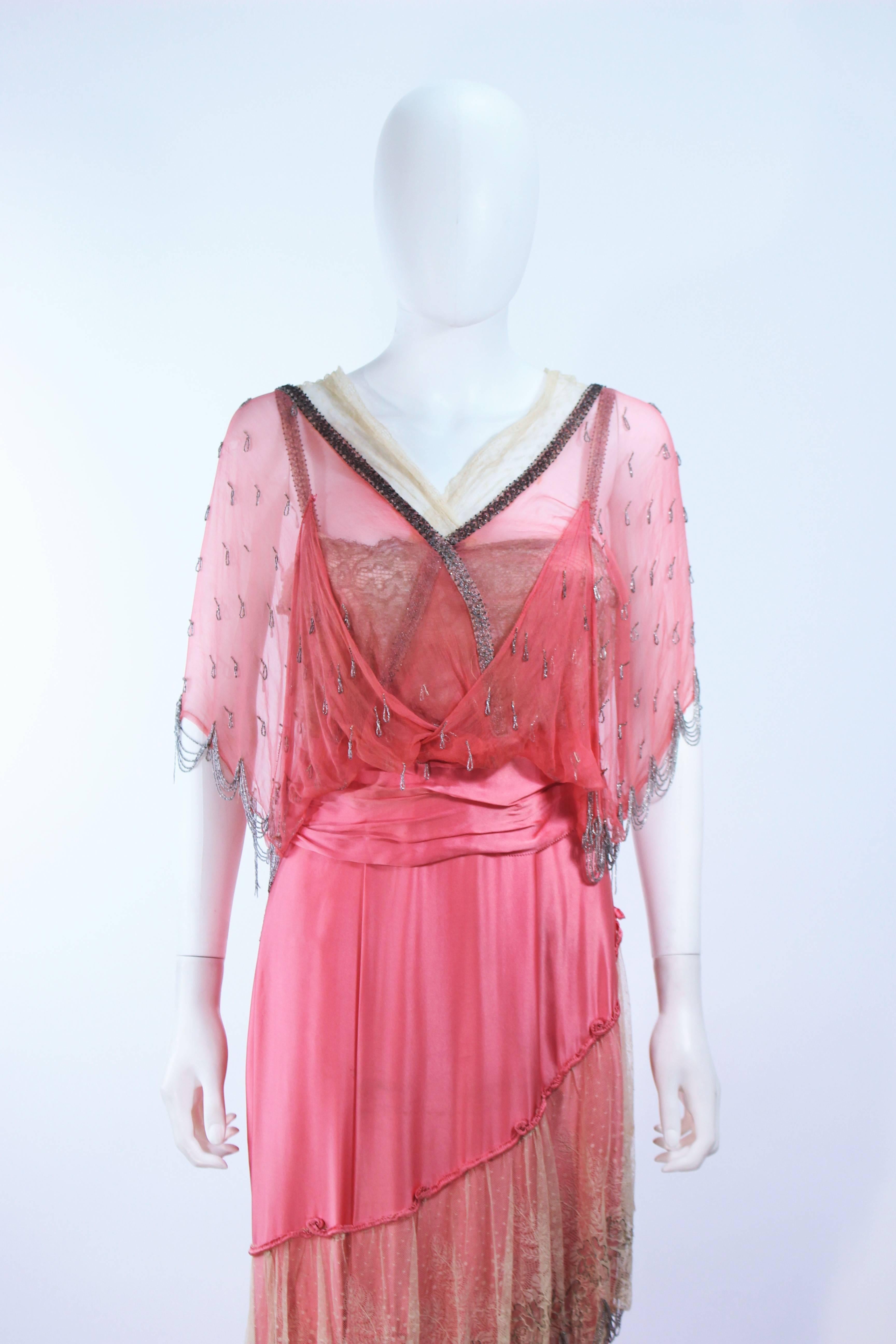 VINTAGE VICTORIAN Pink Silk Gown with Silver Hand Beaded Applique Size 2 4 In Good Condition In Los Angeles, CA