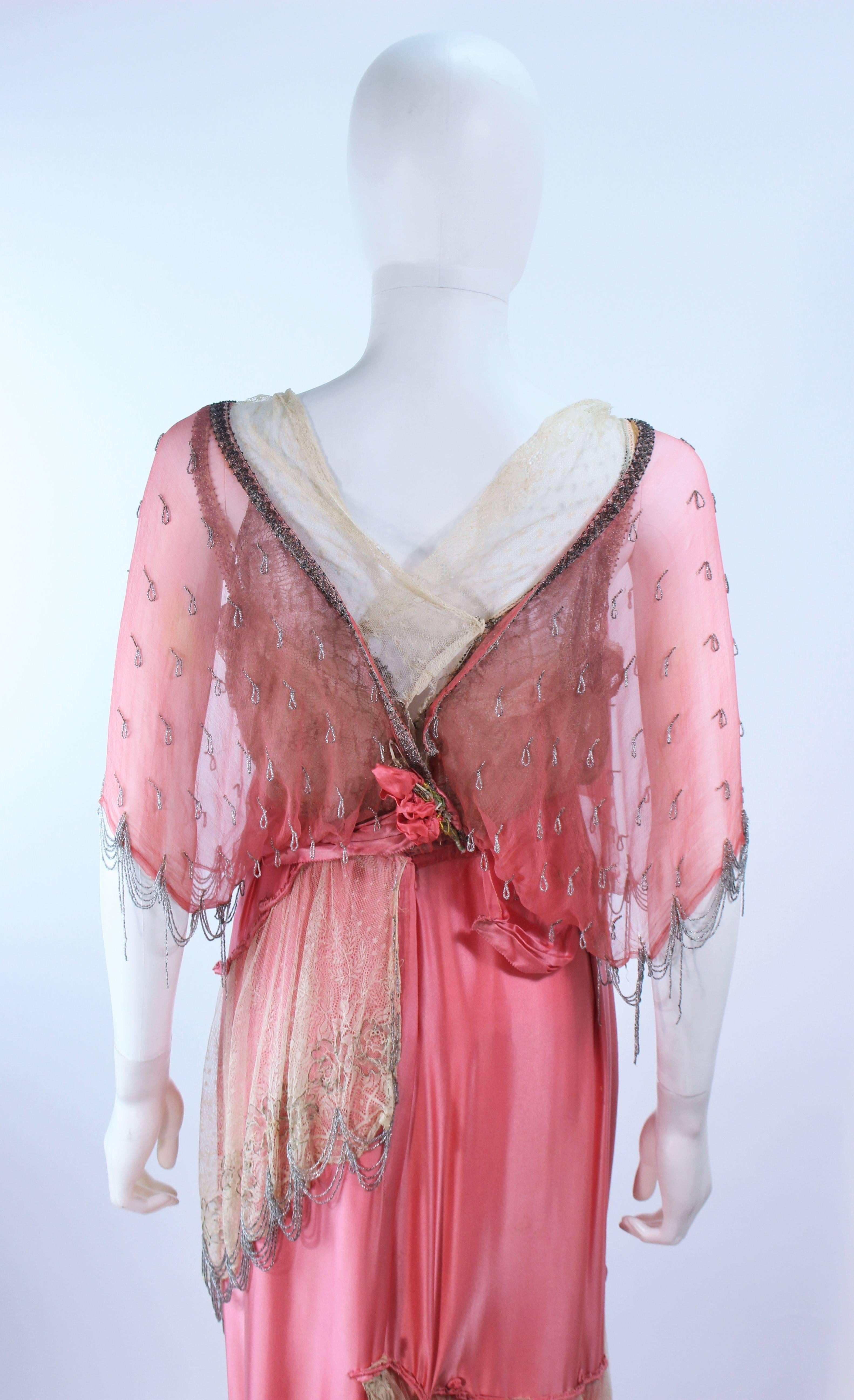 VINTAGE VICTORIAN Pink Silk Gown with Silver Hand Beaded Applique Size 2 4 6