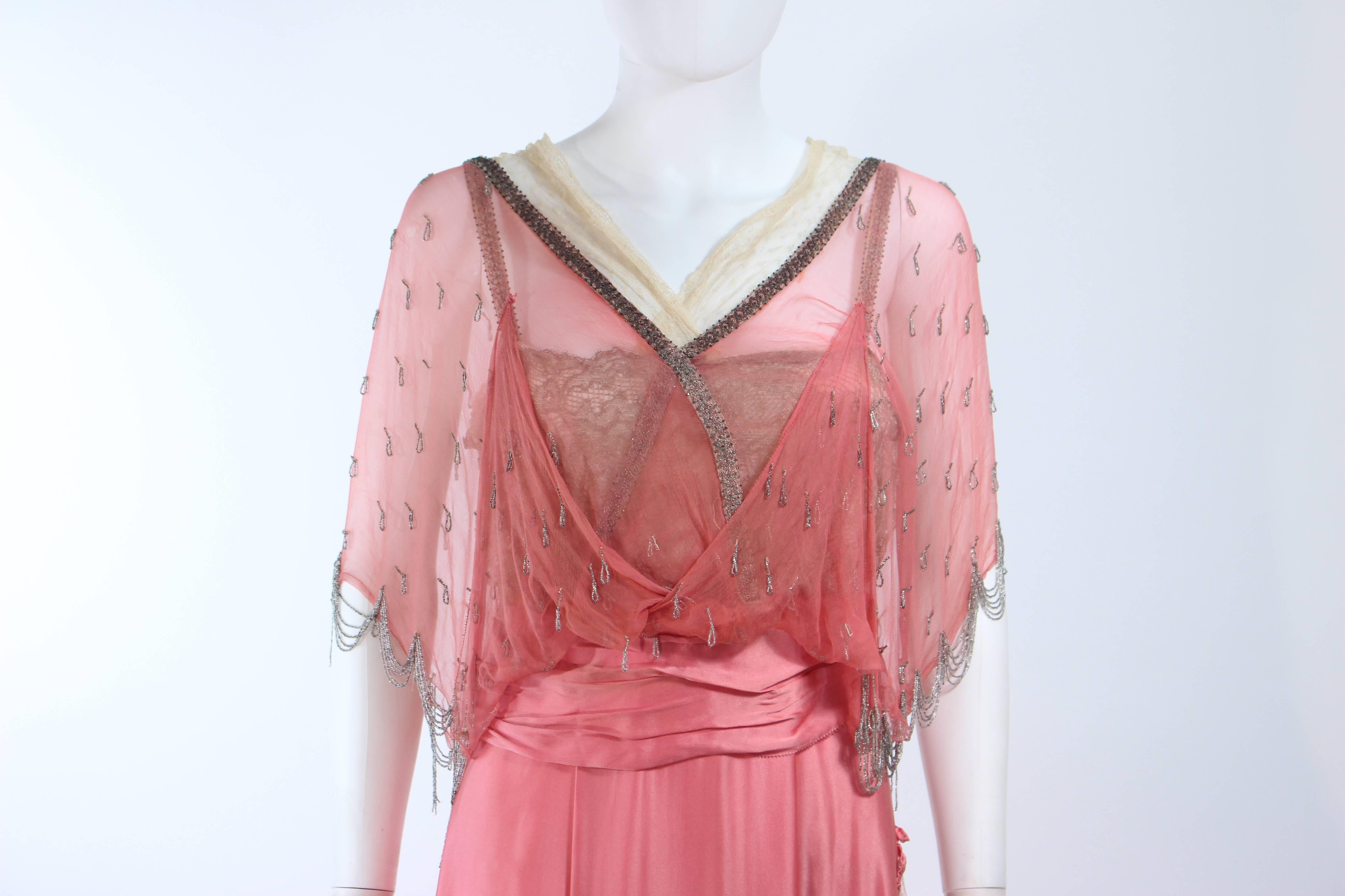 Women's VINTAGE VICTORIAN Pink Silk Gown with Silver Hand Beaded Applique Size 2 4