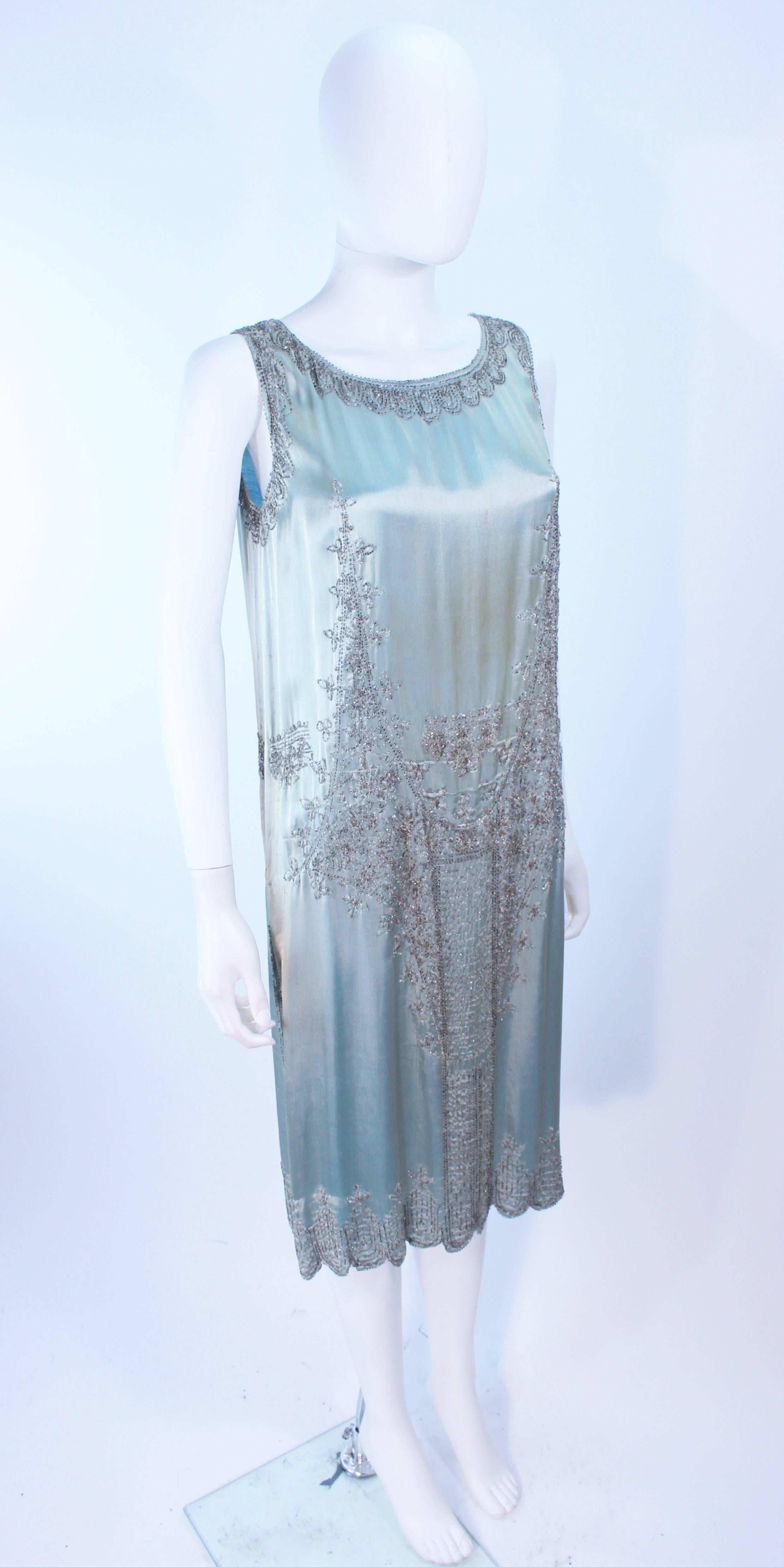 Blue Vintage 1920's Aqua Silk Cocktail Dress with Hand Beaded Applique Size 2 4 6