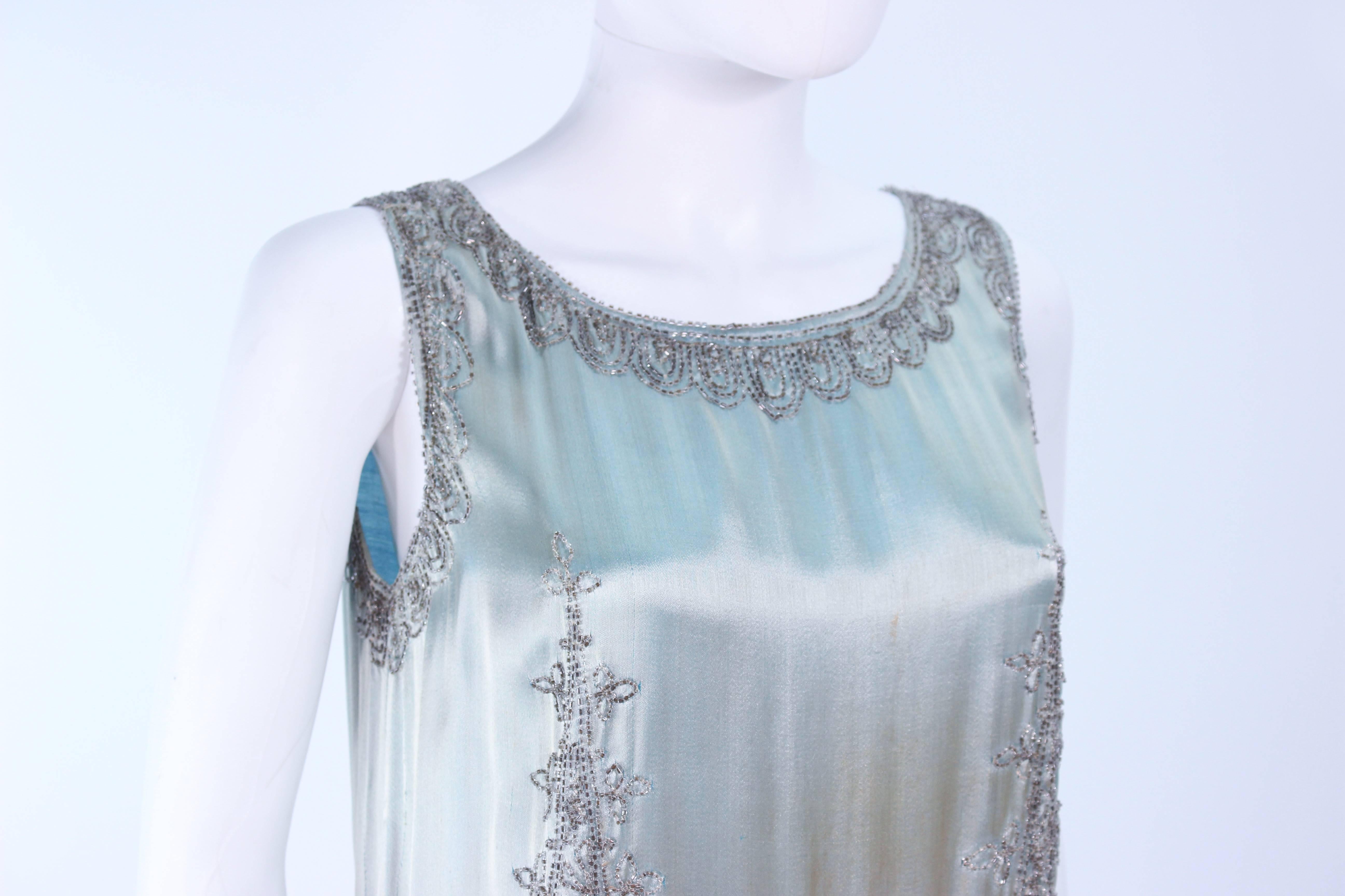 Vintage 1920's Aqua Silk Cocktail Dress with Hand Beaded Applique Size 2 4 6 In Good Condition In Los Angeles, CA