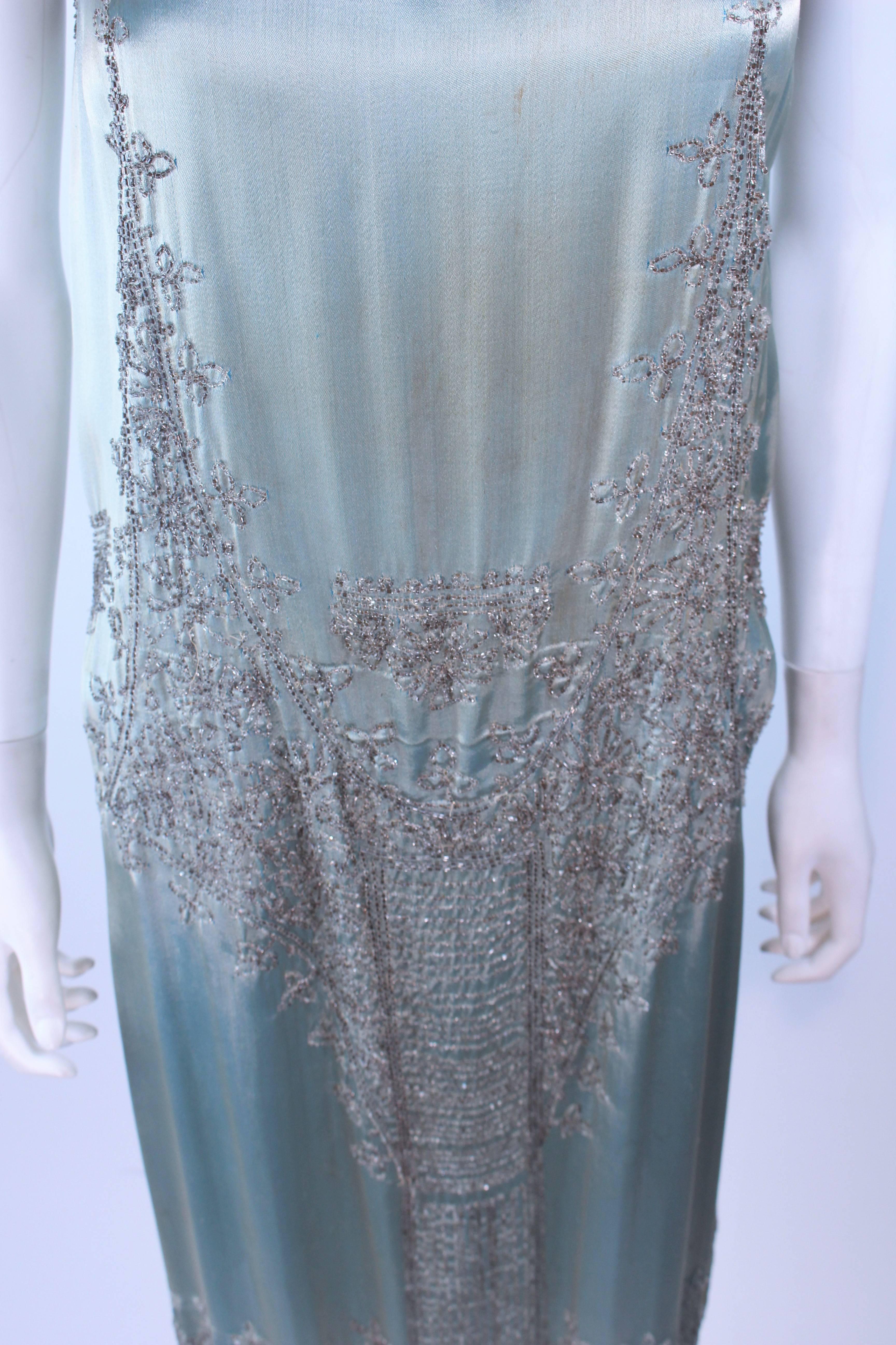 Women's Vintage 1920's Aqua Silk Cocktail Dress with Hand Beaded Applique Size 2 4 6