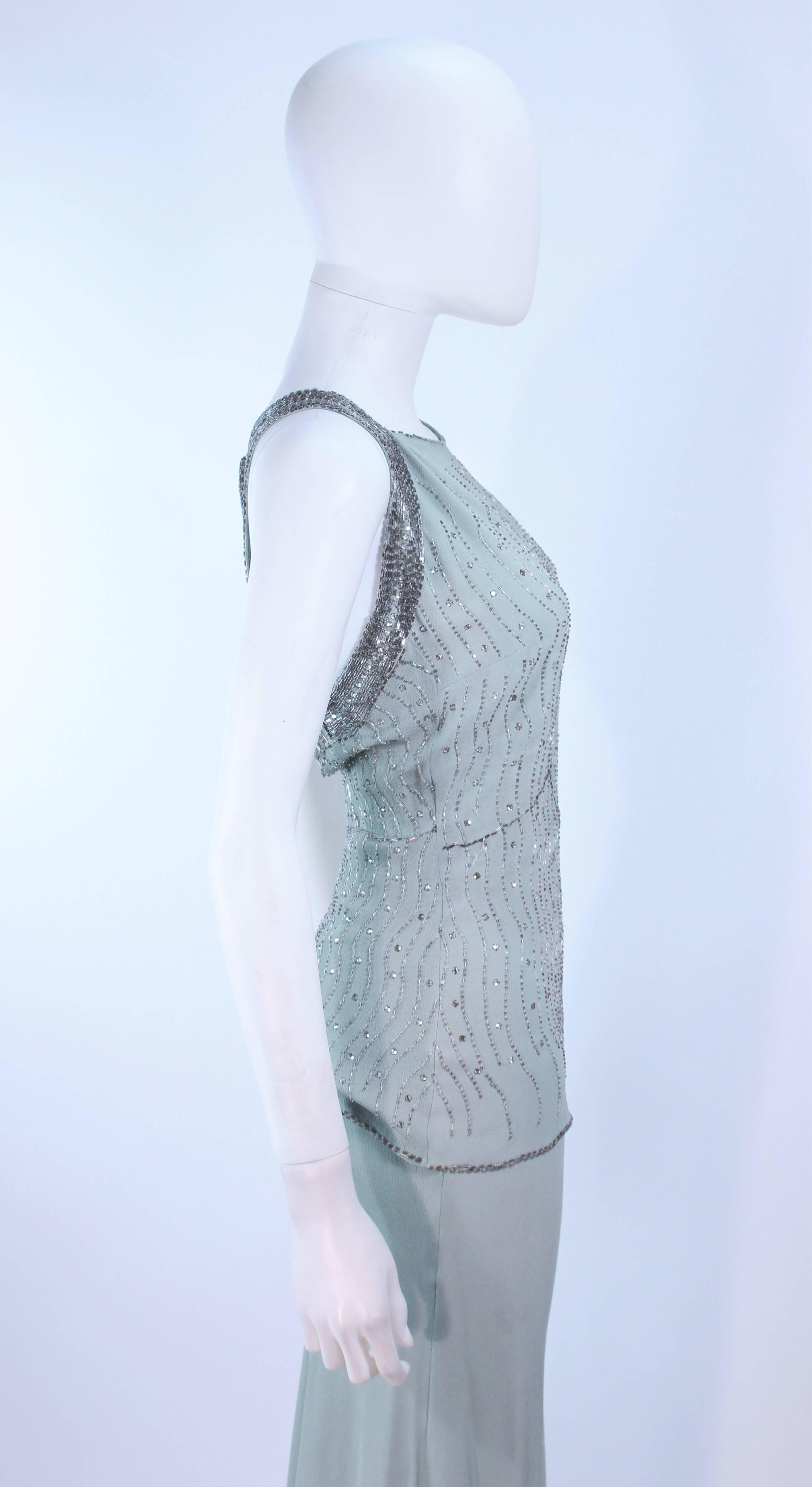 VINTAGE 1930'S Aqua Silk Bias Gown with Silver Hand Beaded Applique Size 2 4 For Sale 1