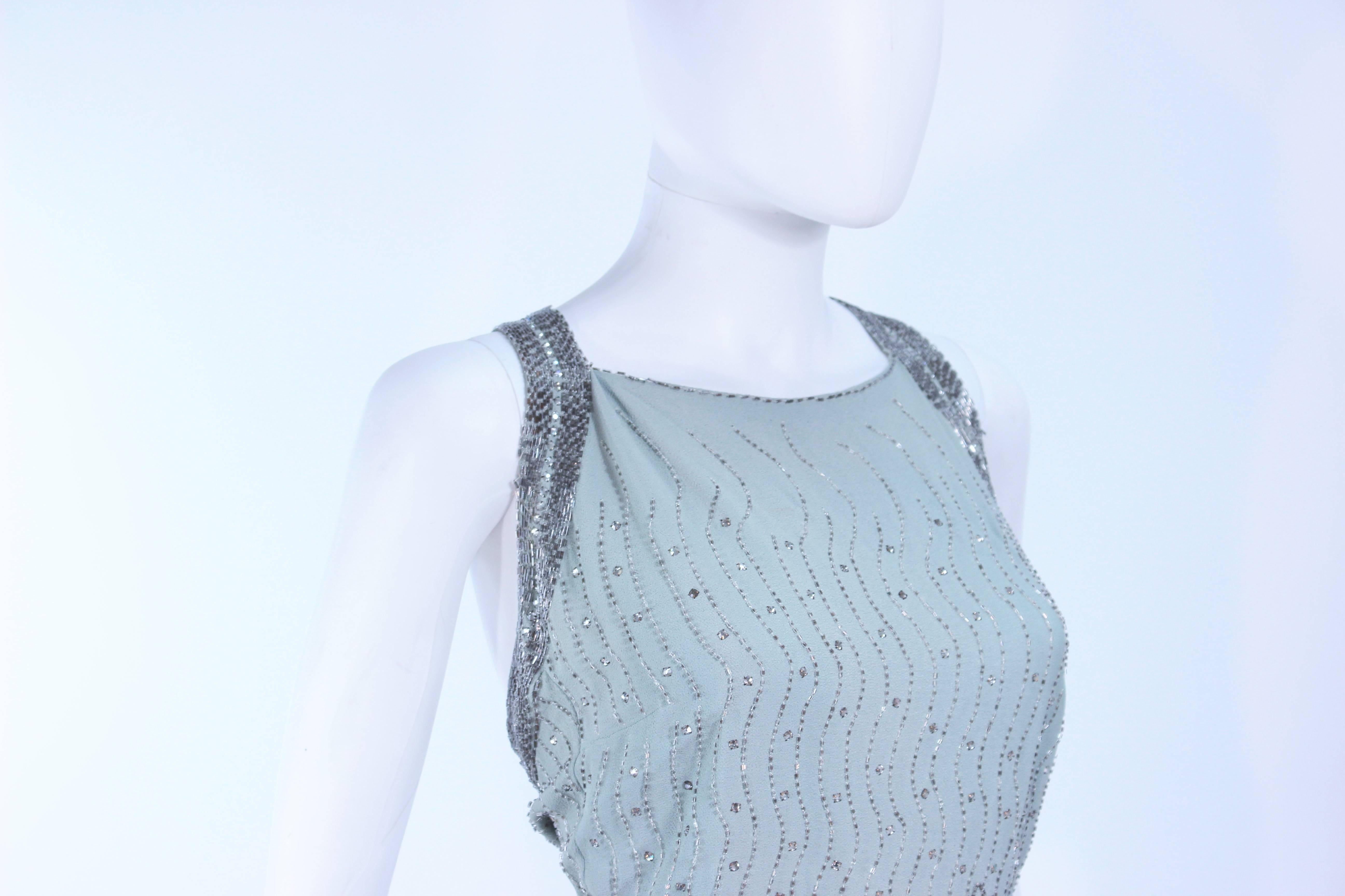 VINTAGE 1930'S Aqua Silk Bias Gown with Silver Hand Beaded Applique Size 2 4 In Excellent Condition For Sale In Los Angeles, CA