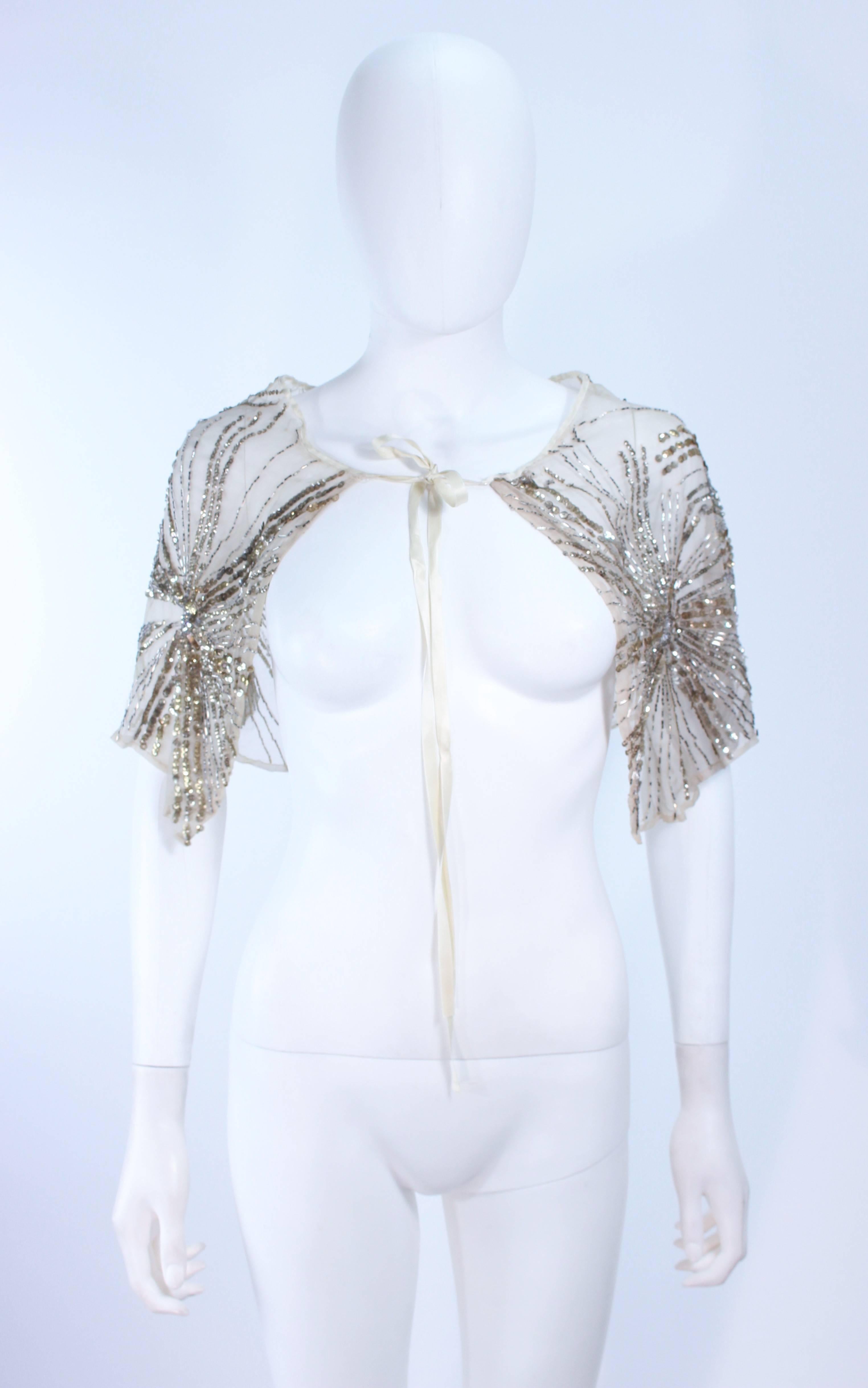 Vintage 1930's Ivory Metal Sequin Beaded Cocktail Dress and Caplet Set Size 2 3