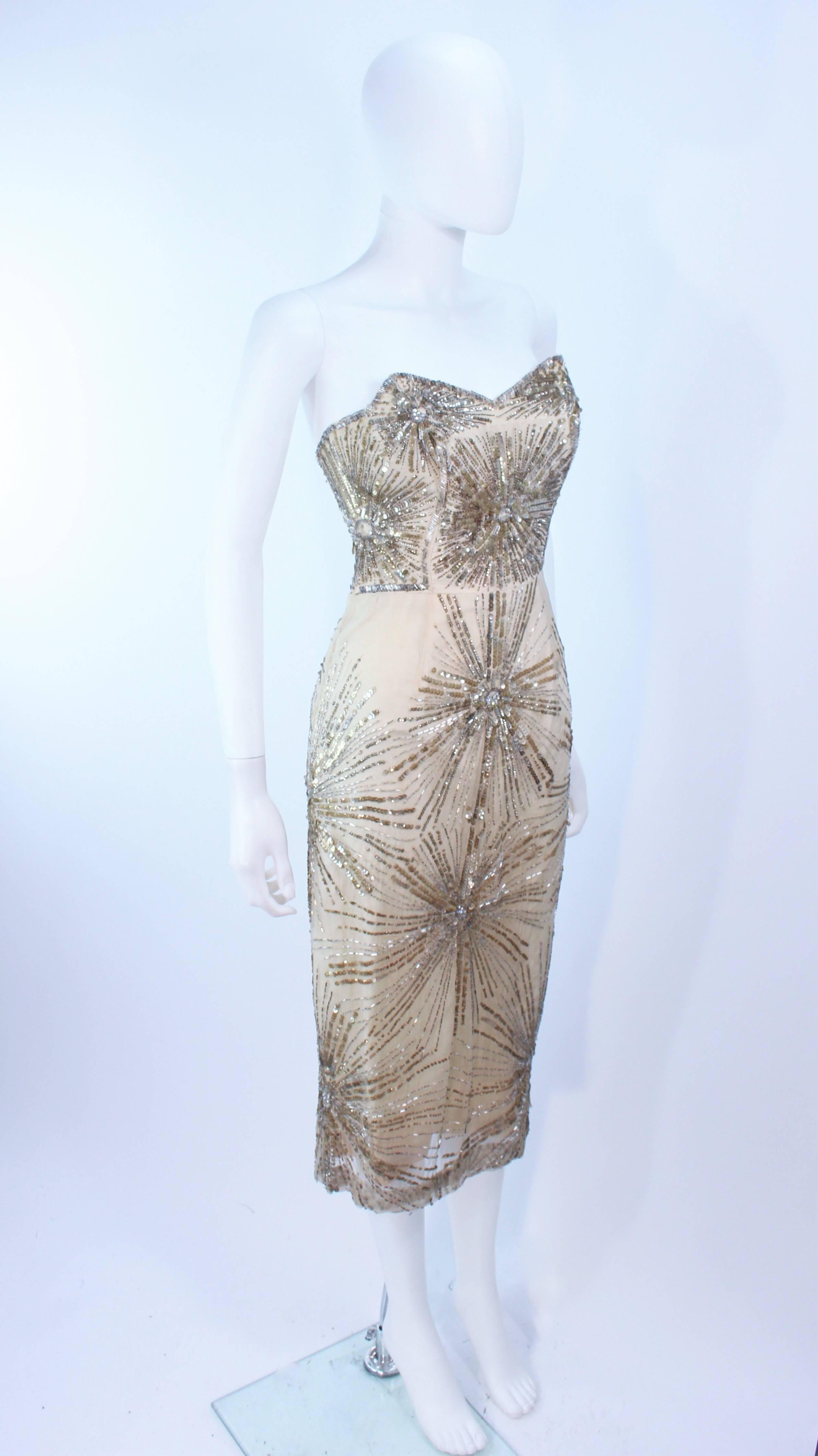 Vintage 1930's Ivory Metal Sequin Beaded Cocktail Dress and Caplet Set Size 2 In Good Condition In Los Angeles, CA