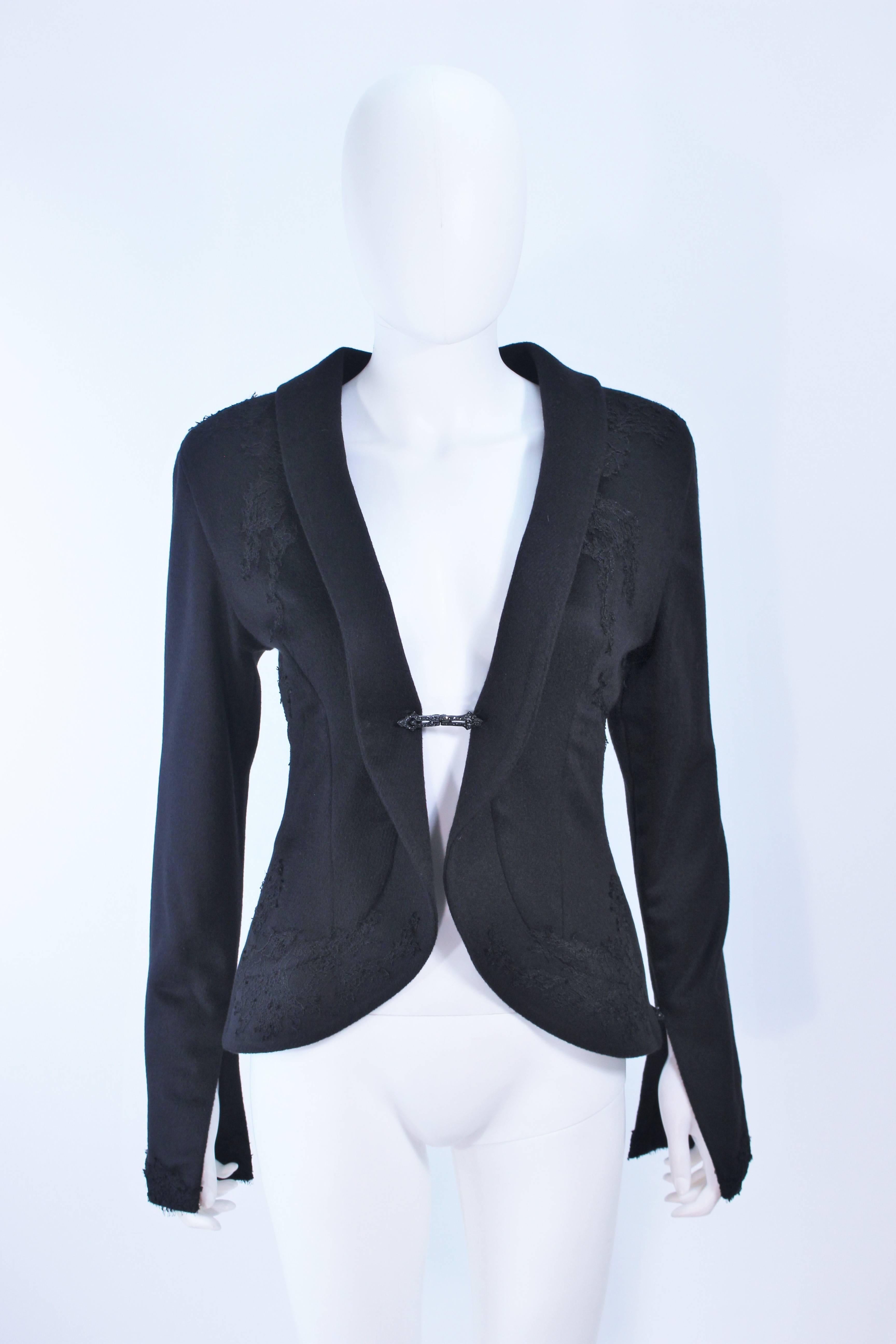 SHEPTIM ZERO Black Double Cashmere Runway Riding Coat with Lace Applique Size 2 In New Condition In Los Angeles, CA