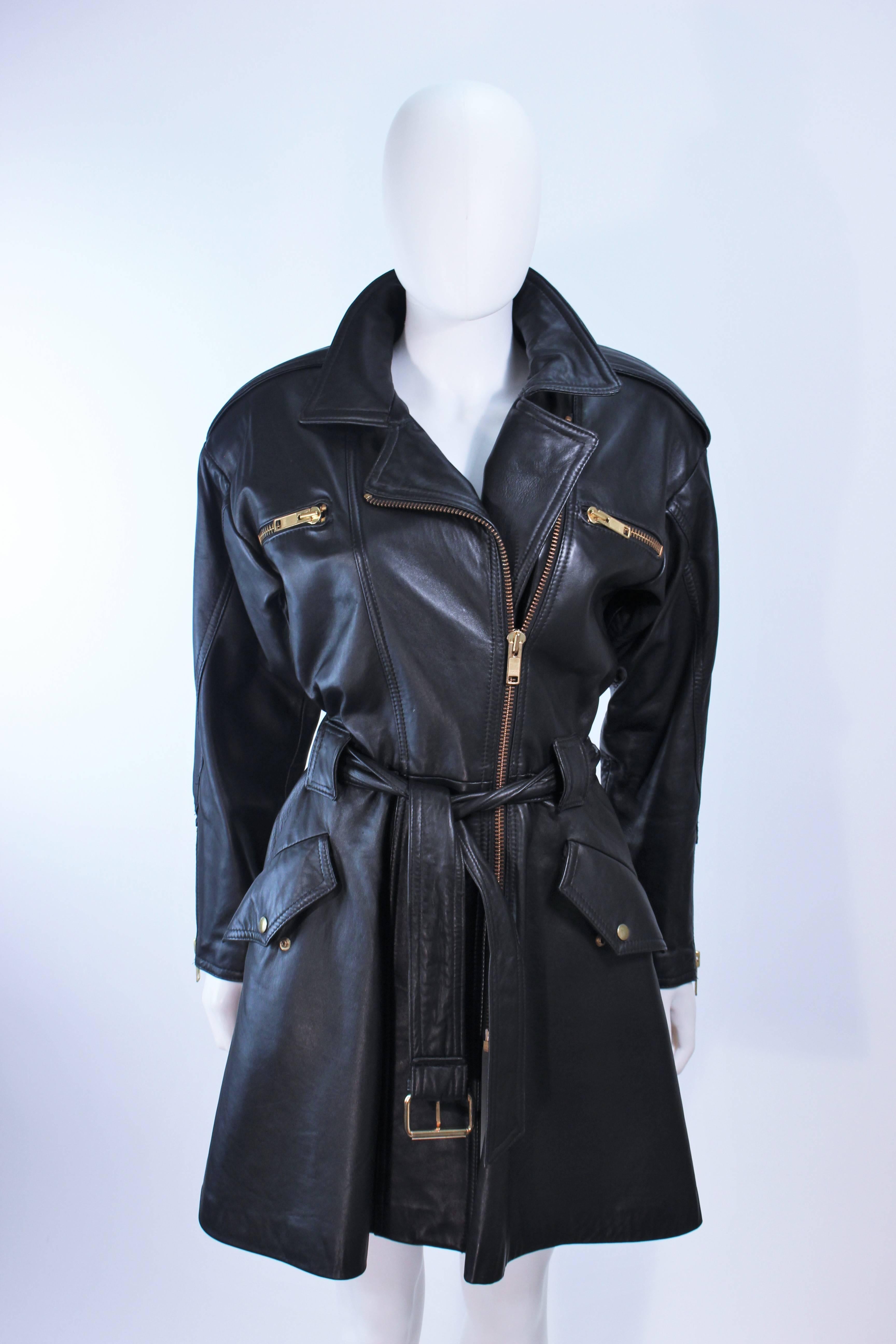 MARGRET GODFREY Black Leather Dress Coat with Zippers Size 8 10  In Excellent Condition In Los Angeles, CA