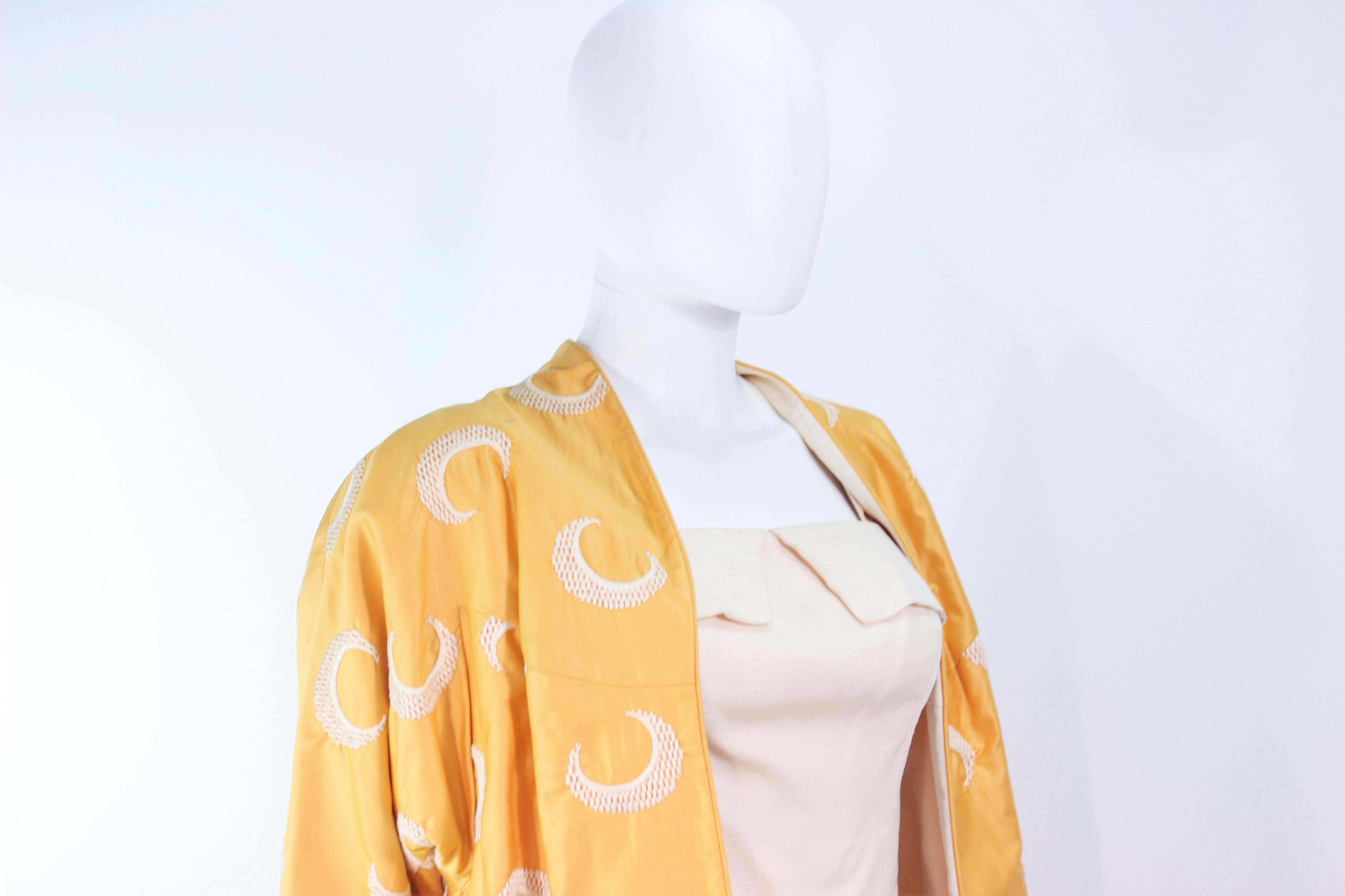 Beige DON LOPER 1950's Yellow Silk embroidered Coat and Dress Ensemble Size 2 For Sale