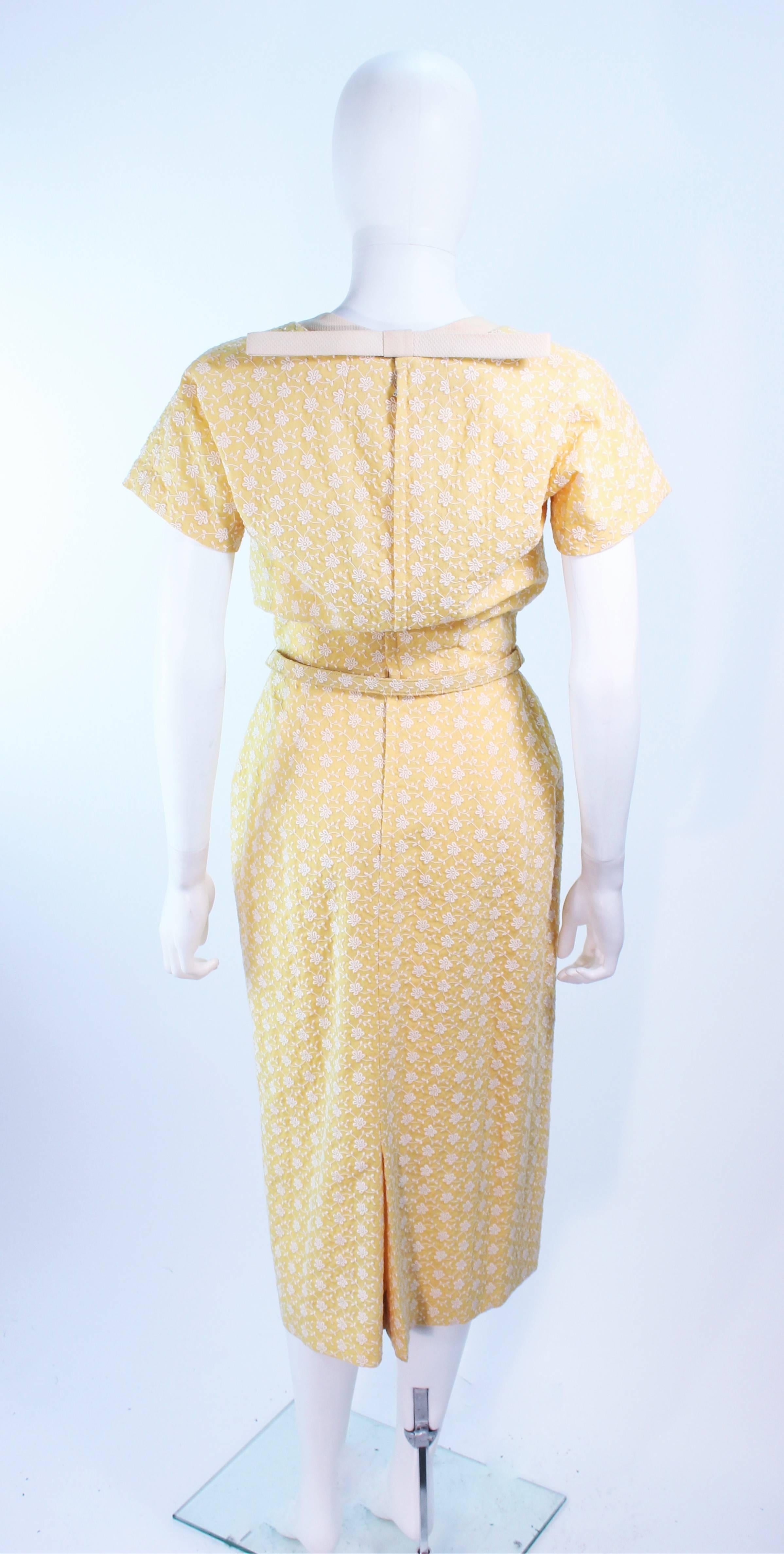 DON LOPER 1950's Yellow Floral Embroidered Cocktail Dress with Belt & Bow Size 2 In Excellent Condition For Sale In Los Angeles, CA