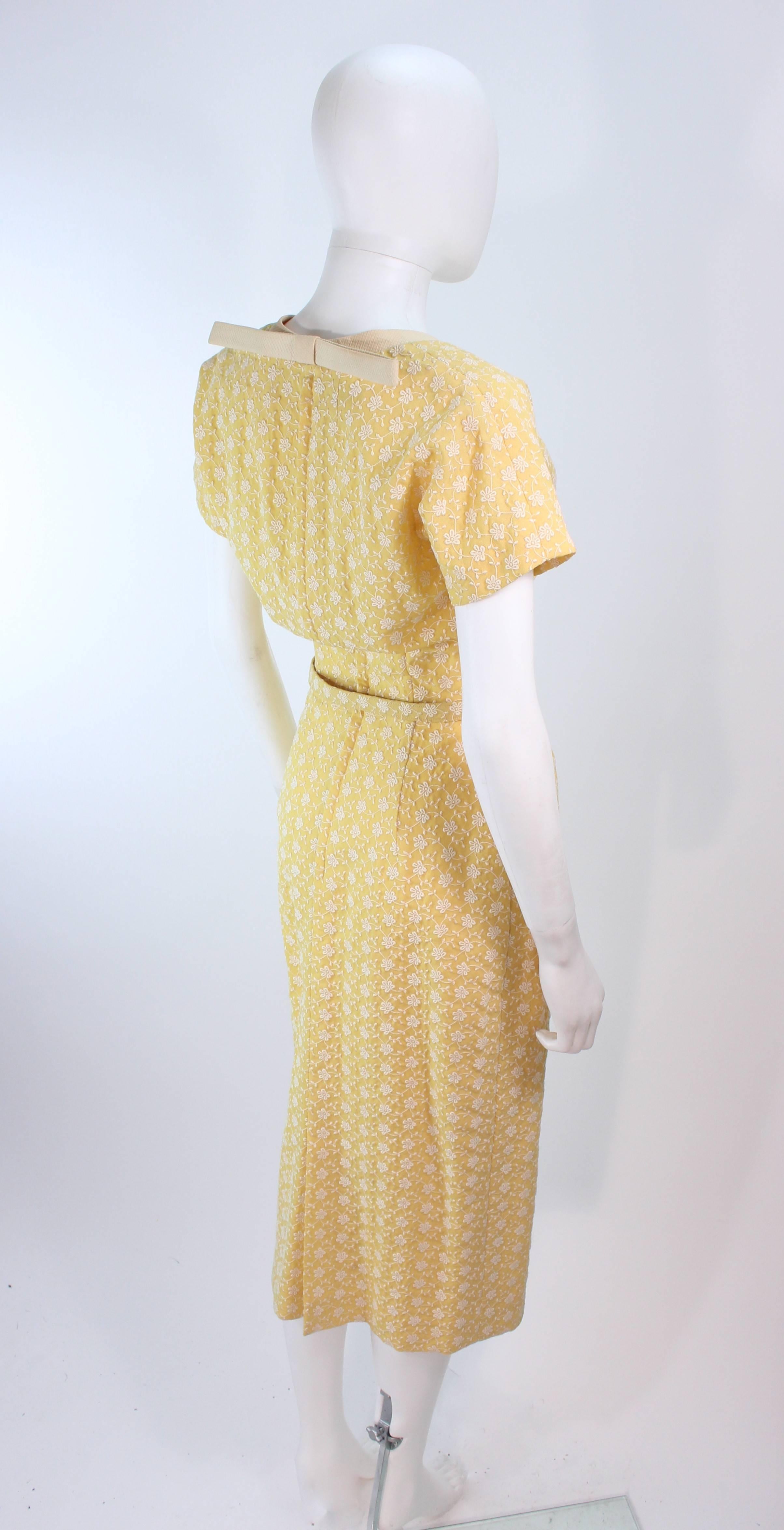 Beige DON LOPER 1950's Yellow Floral Embroidered Cocktail Dress with Belt & Bow Size 2 For Sale