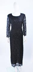FRANK USHER Black Lace Beaded Gown Sheer Sleeves Size 12
