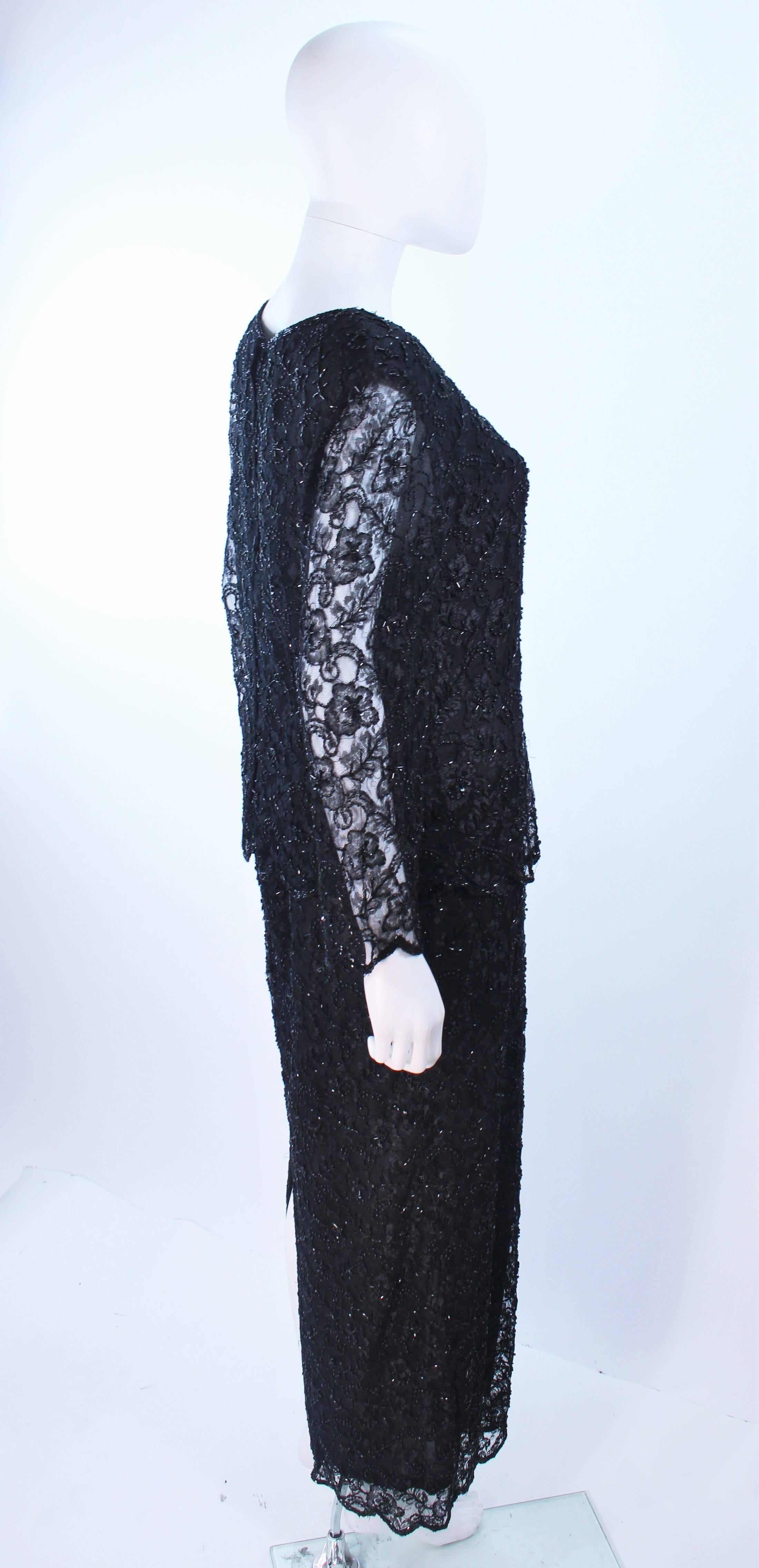 FRANK USHER Black Lace Beaded Gown Sheer Sleeves Size 12 In Excellent Condition For Sale In Los Angeles, CA