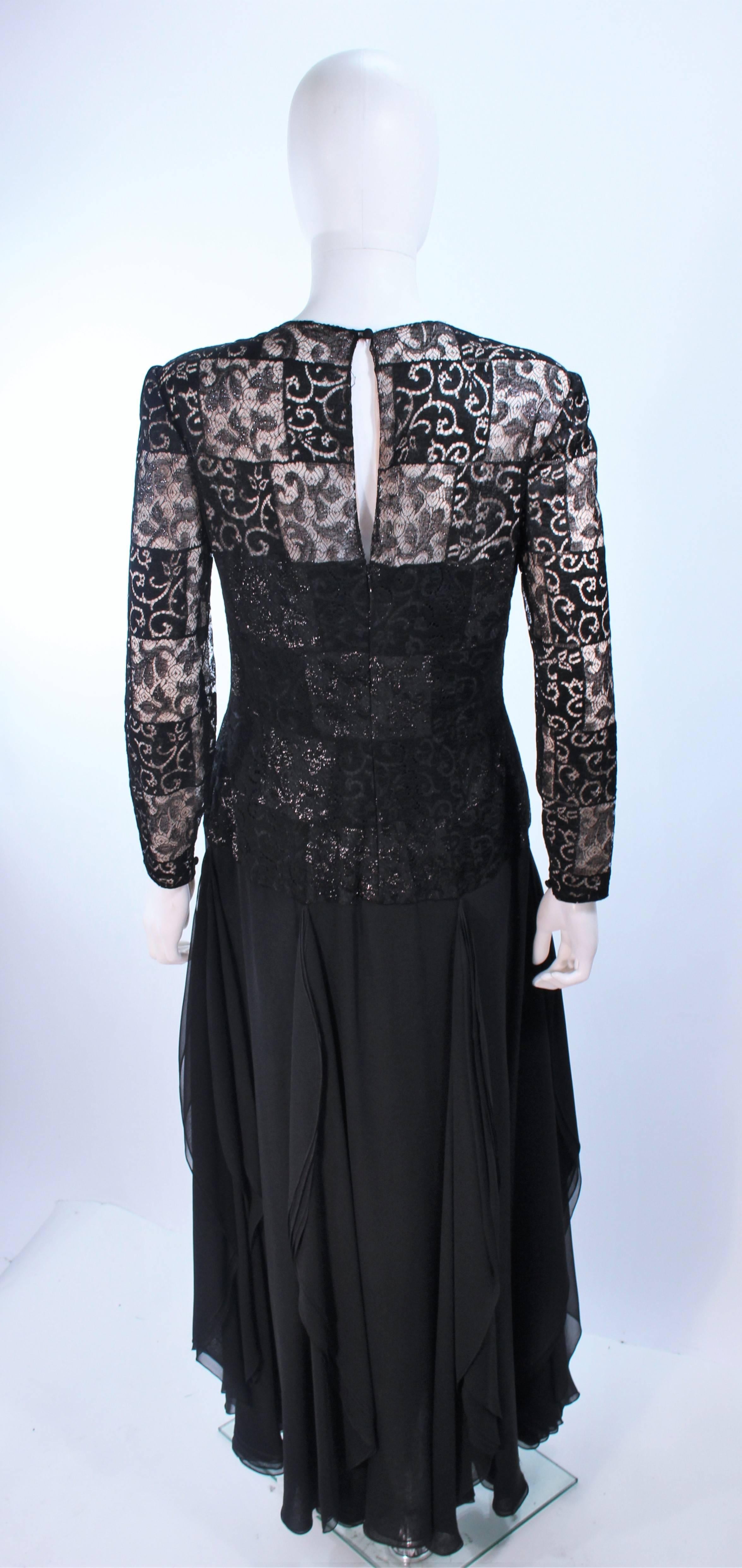 CAROLINA HERRERA Black Metallic Lace Gown Draped Chiffon Size 8 10 For Sale 1