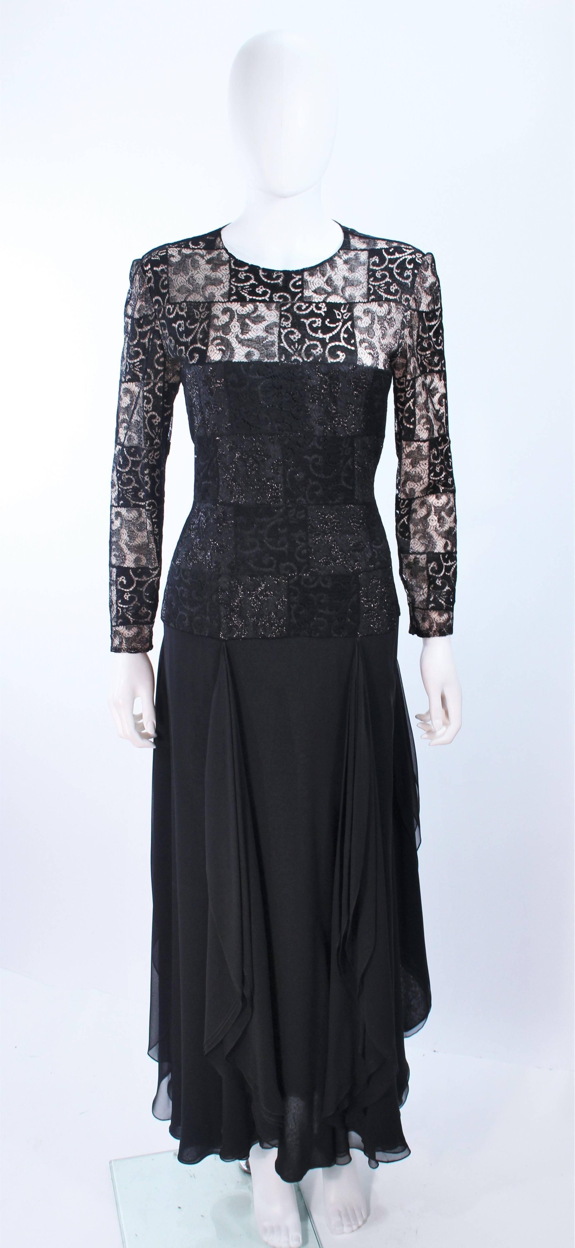 This Carolina Herrera gown is composed of a black metallic lace bodice with draped chiffon skirt. There is a zipper closure. In excellent vintage condition.

**Please cross-reference measurements for personal accuracy. Size in description box is