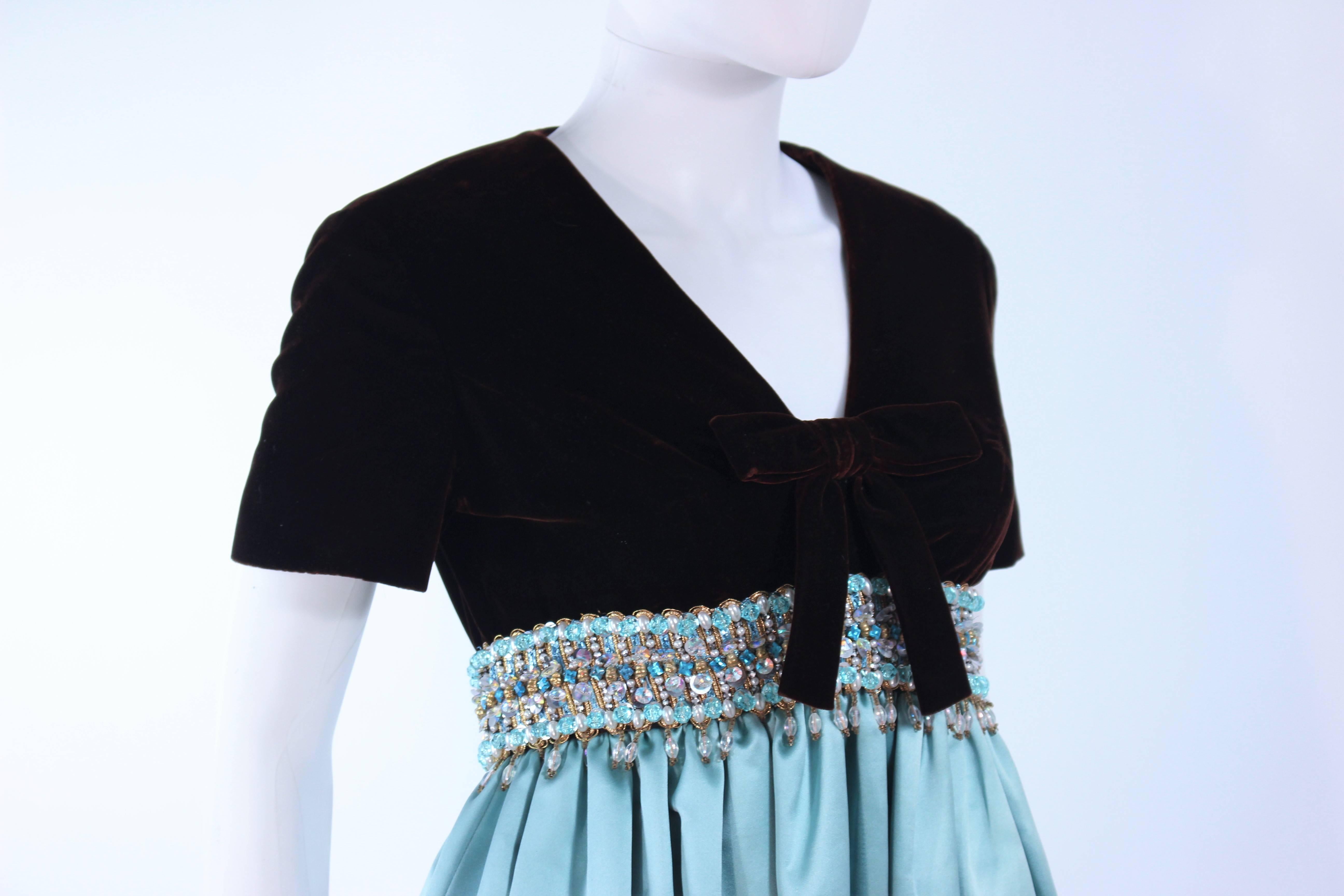 Blue SARMI Brown Velvet and Aqua Silk Gown with Embellished Waist Size 4 6