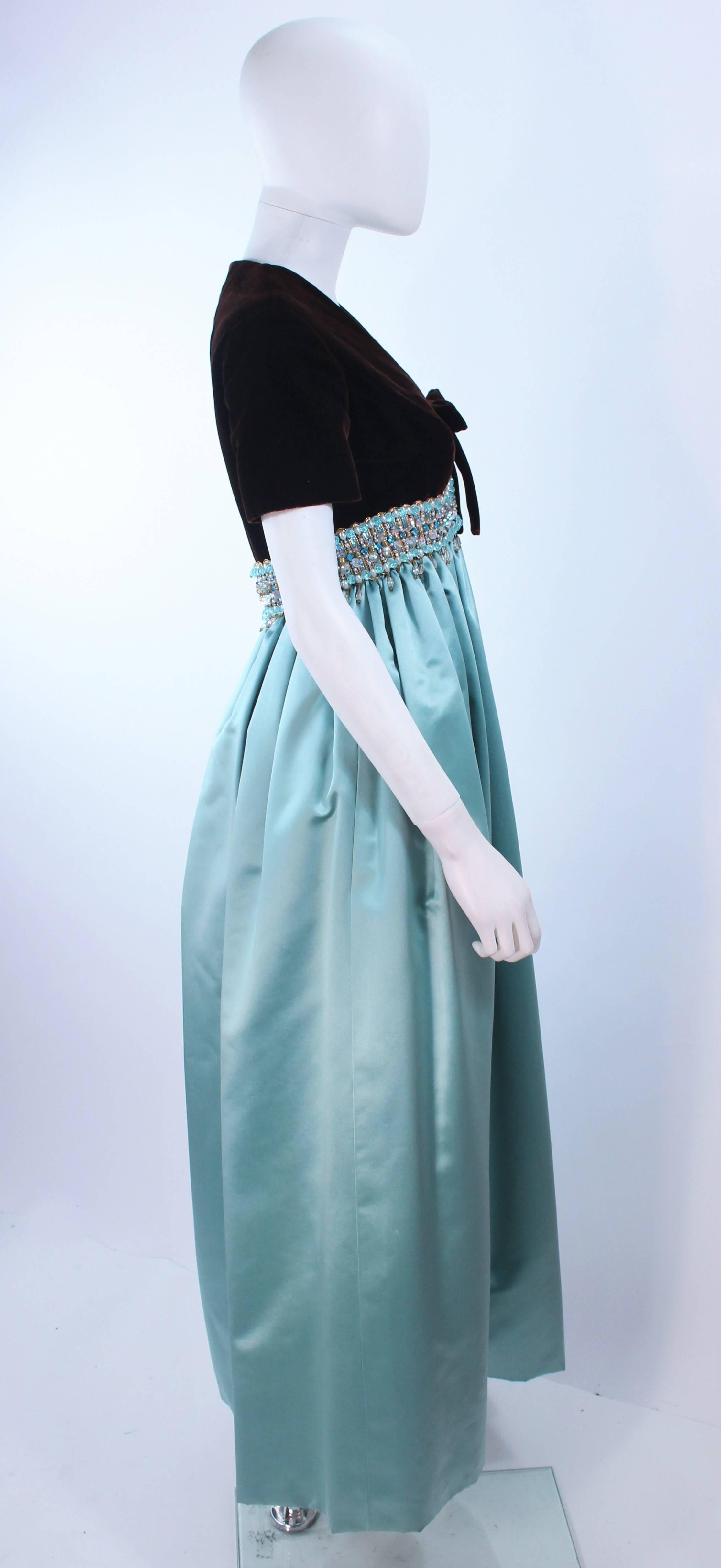 SARMI Brown Velvet and Aqua Silk Gown with Embellished Waist Size 4 6 In Excellent Condition In Los Angeles, CA