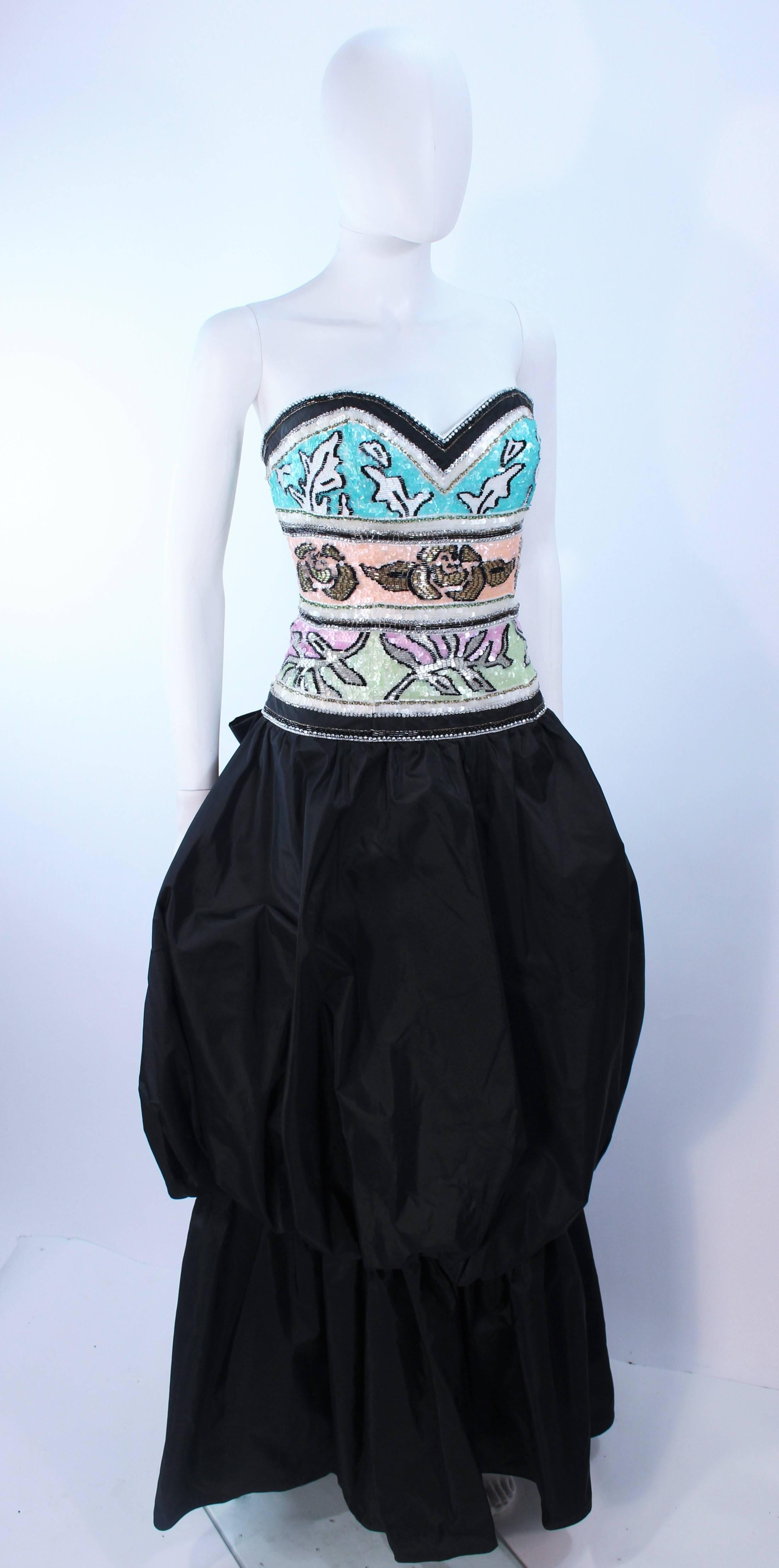 BRIAN WINSTON Black Tiered Puff Gown with Pastel Sequin Beaded Bodice Size 8 In Excellent Condition In Los Angeles, CA