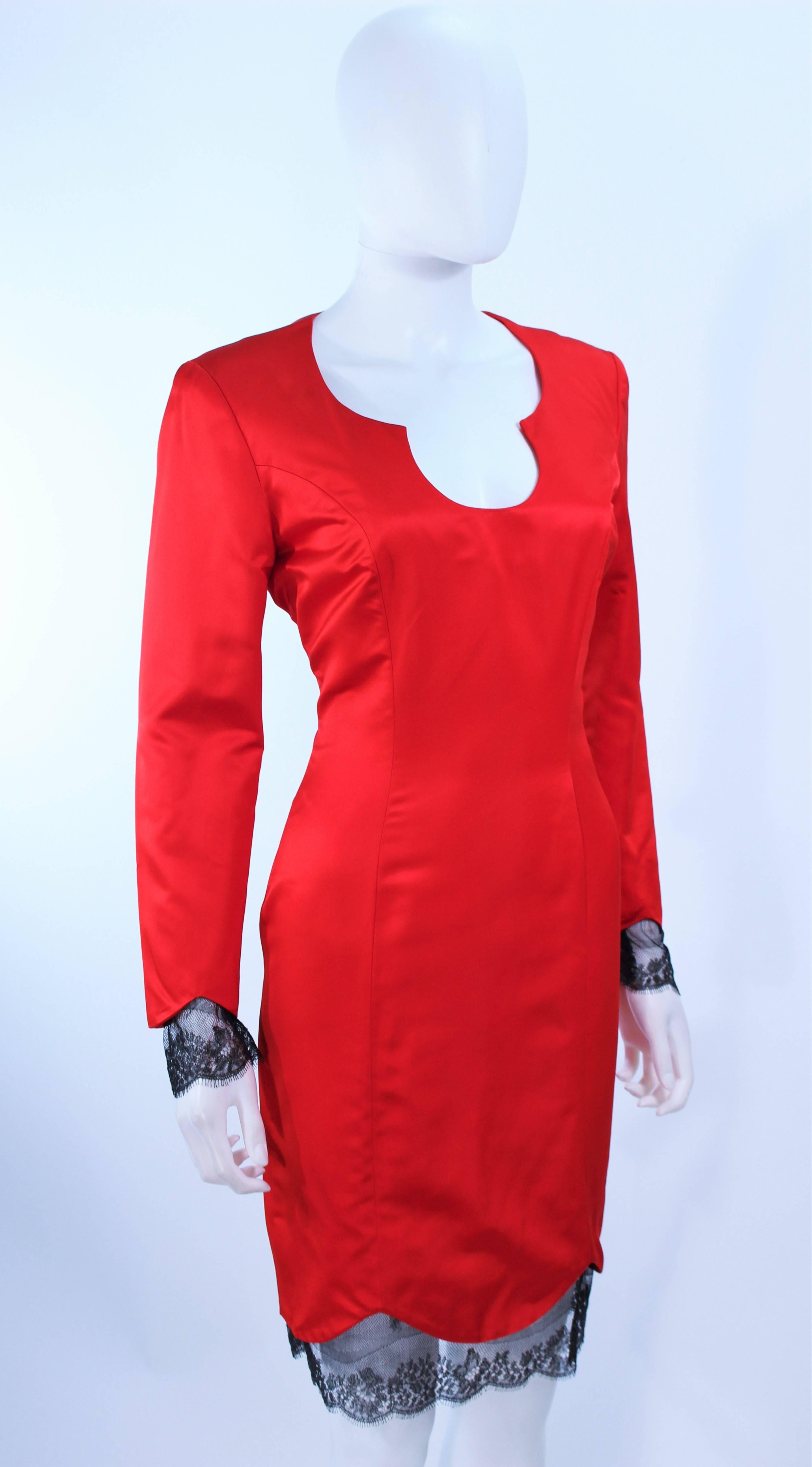 TED HEYMAN Red Silk Cocktail Dress with Lace Trim Size 8 For Sale 2