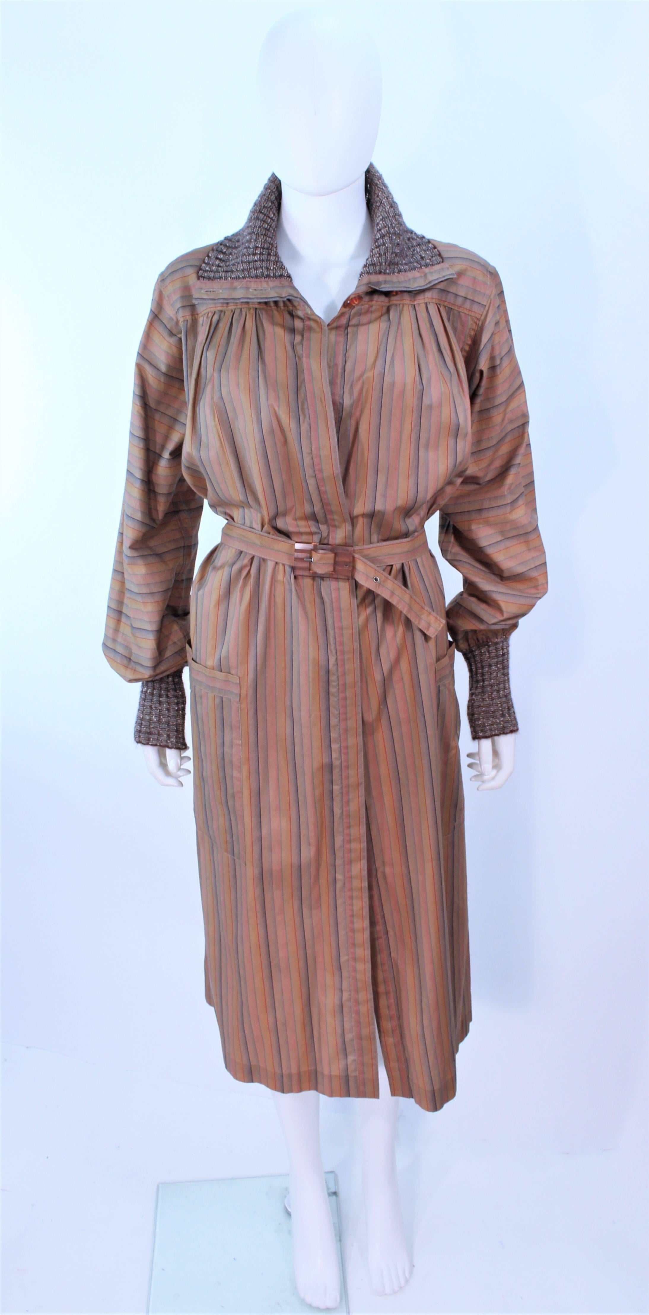 Brown MISSONI Khaki Striped Coat with Knit Trim Size 10 For Sale