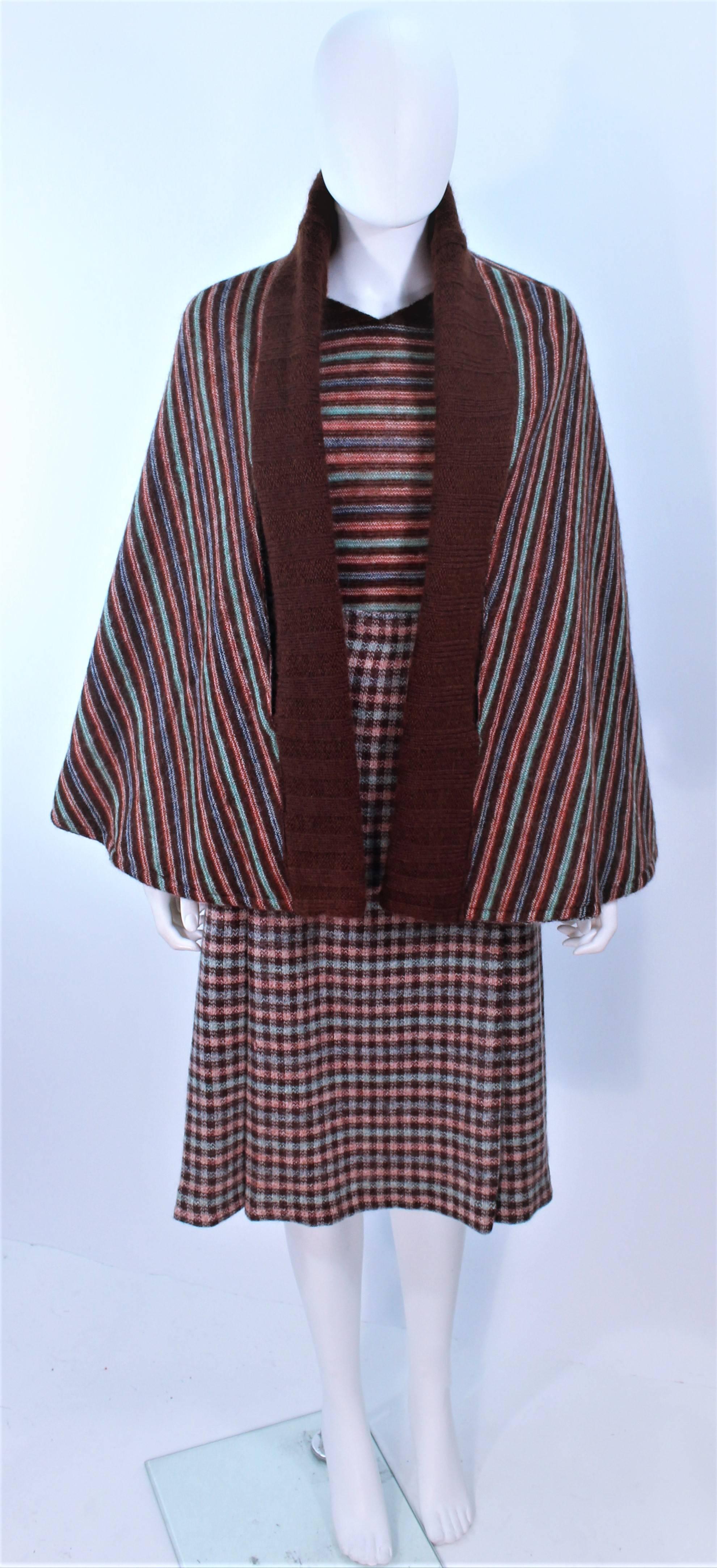 Black MISSONI Brown and Stripe Plaid Wool Ensemble with Cape Size 10 For Sale
