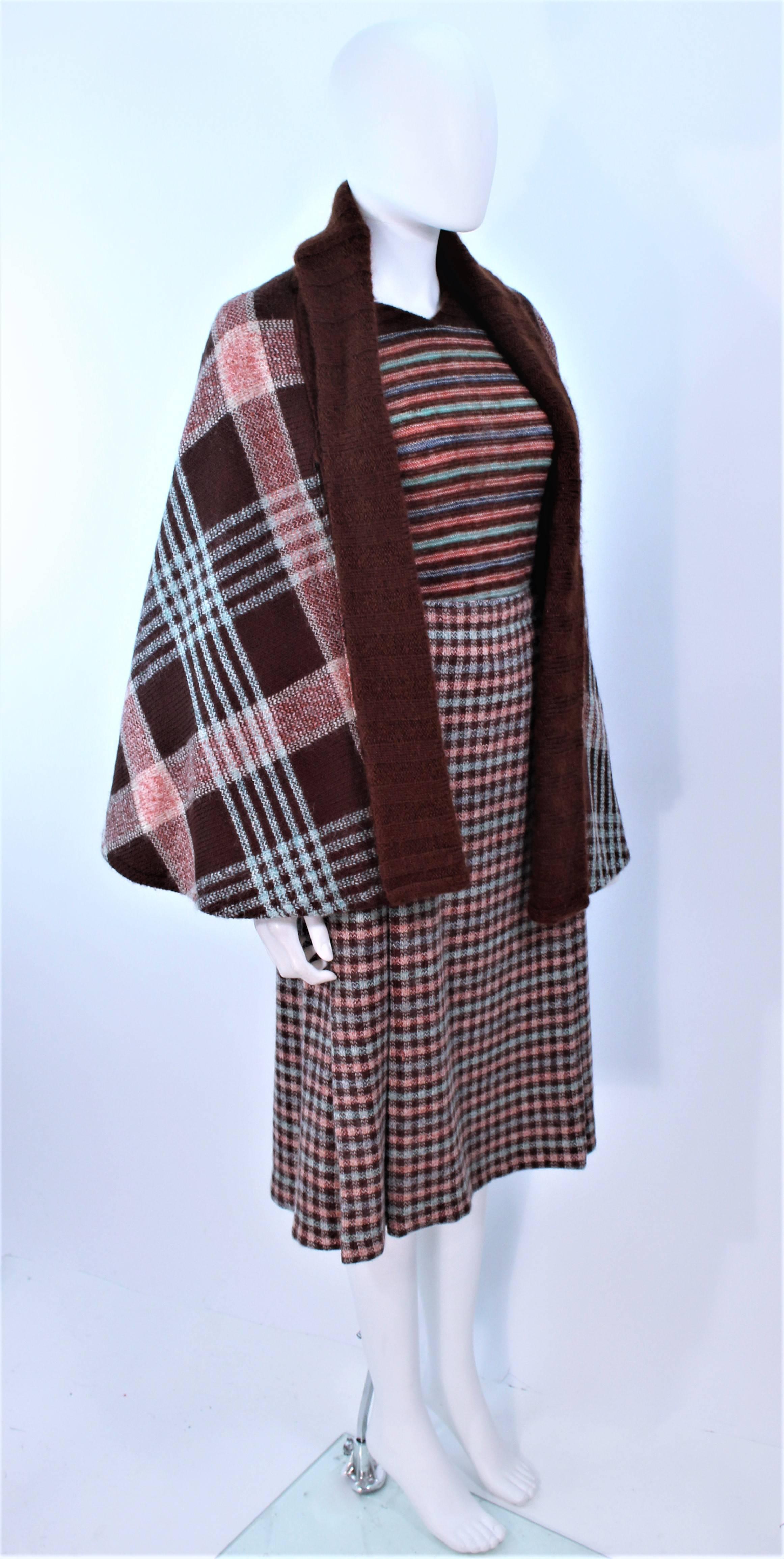 MISSONI Brown and Stripe Plaid Wool Ensemble with Cape Size 10 In Excellent Condition For Sale In Los Angeles, CA