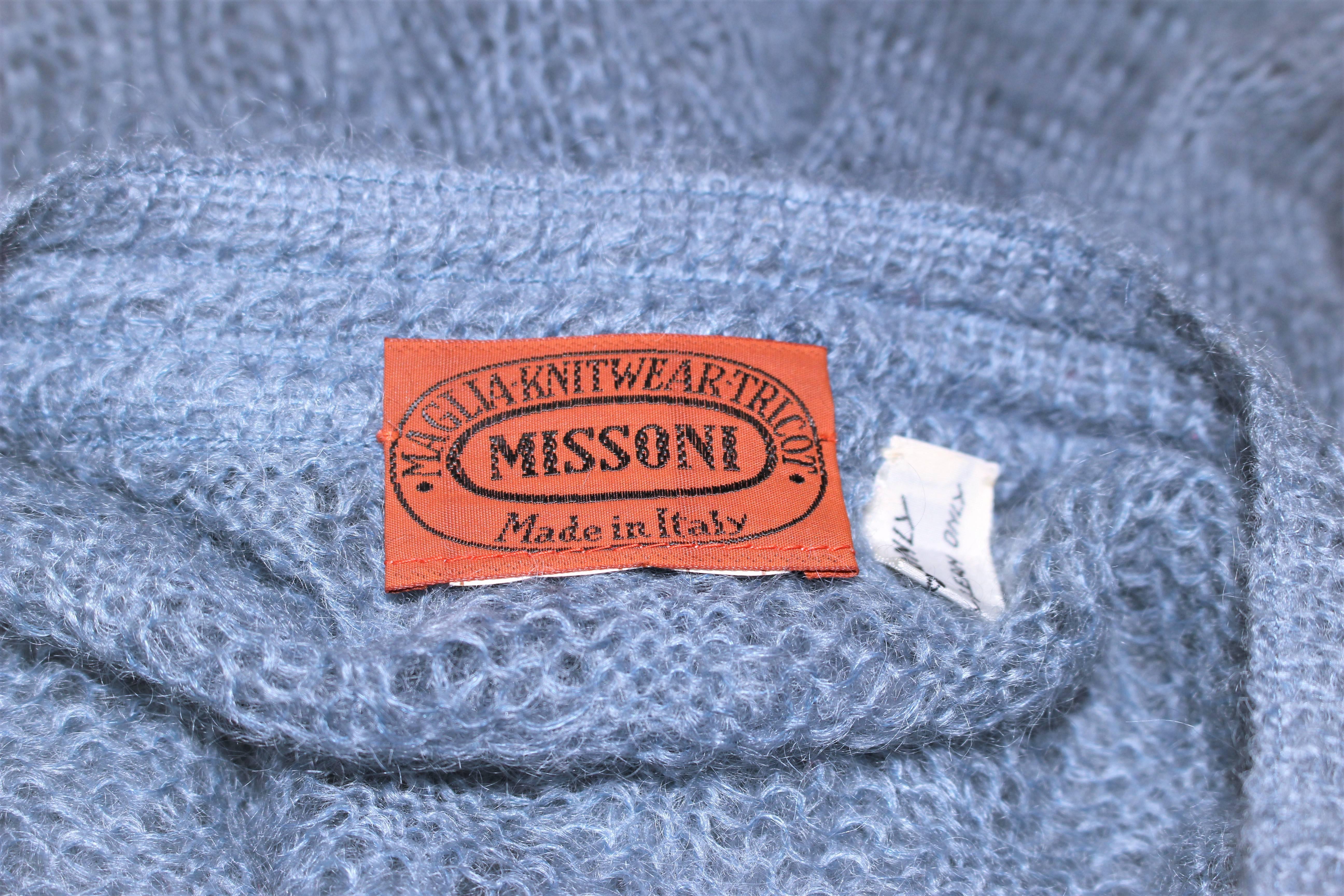 MISSONI Sky Blue Wool Knit V-Neck Sweater Size 8 For Sale 5