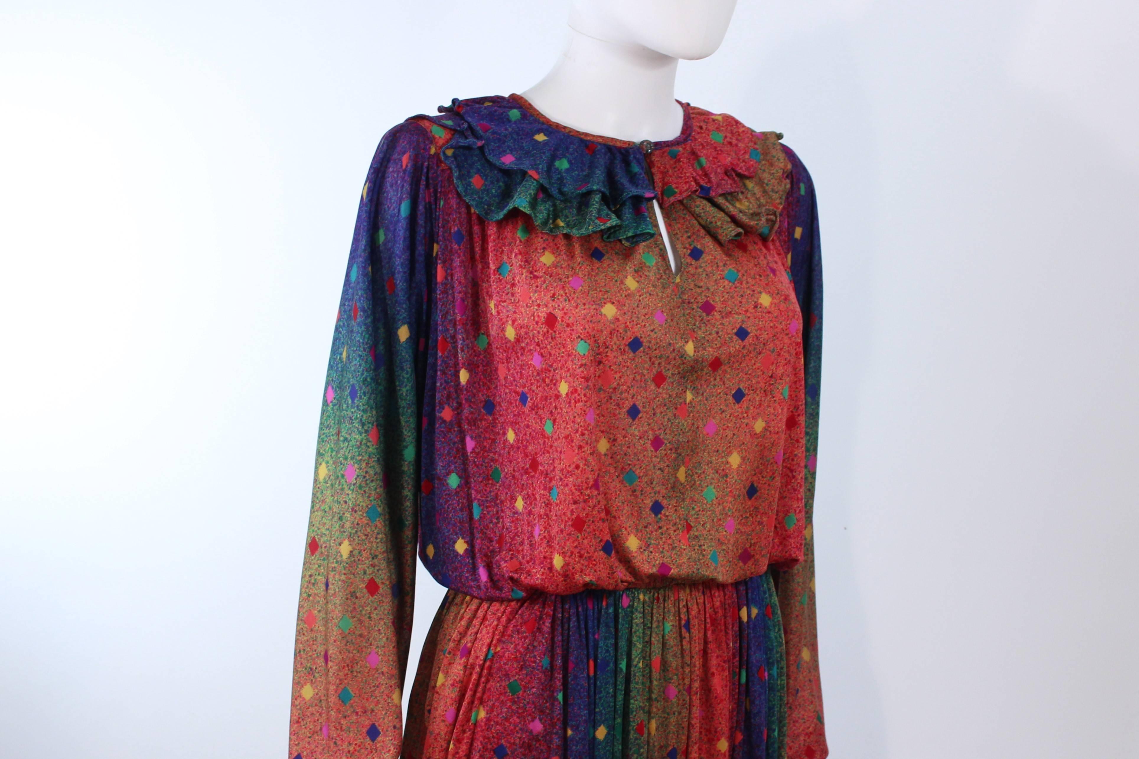 MISSONI Silk Rainbow Print Dress with Ruffle Trim Size 8 10 In Excellent Condition For Sale In Los Angeles, CA