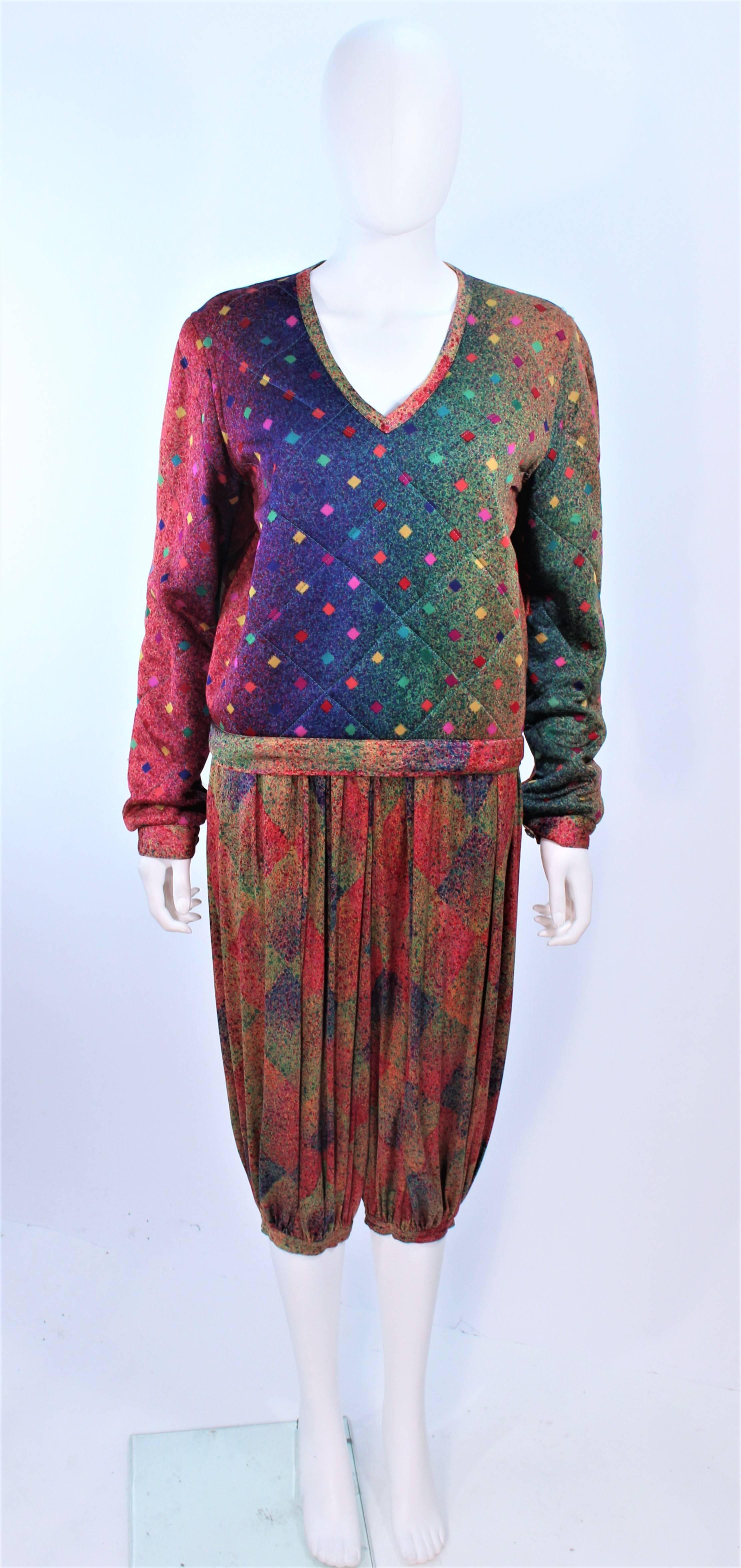 MISSONI Silk Rainbow Print Ensemble with Harem Pants Quilted Sweater Size 6 8 In Excellent Condition For Sale In Los Angeles, CA