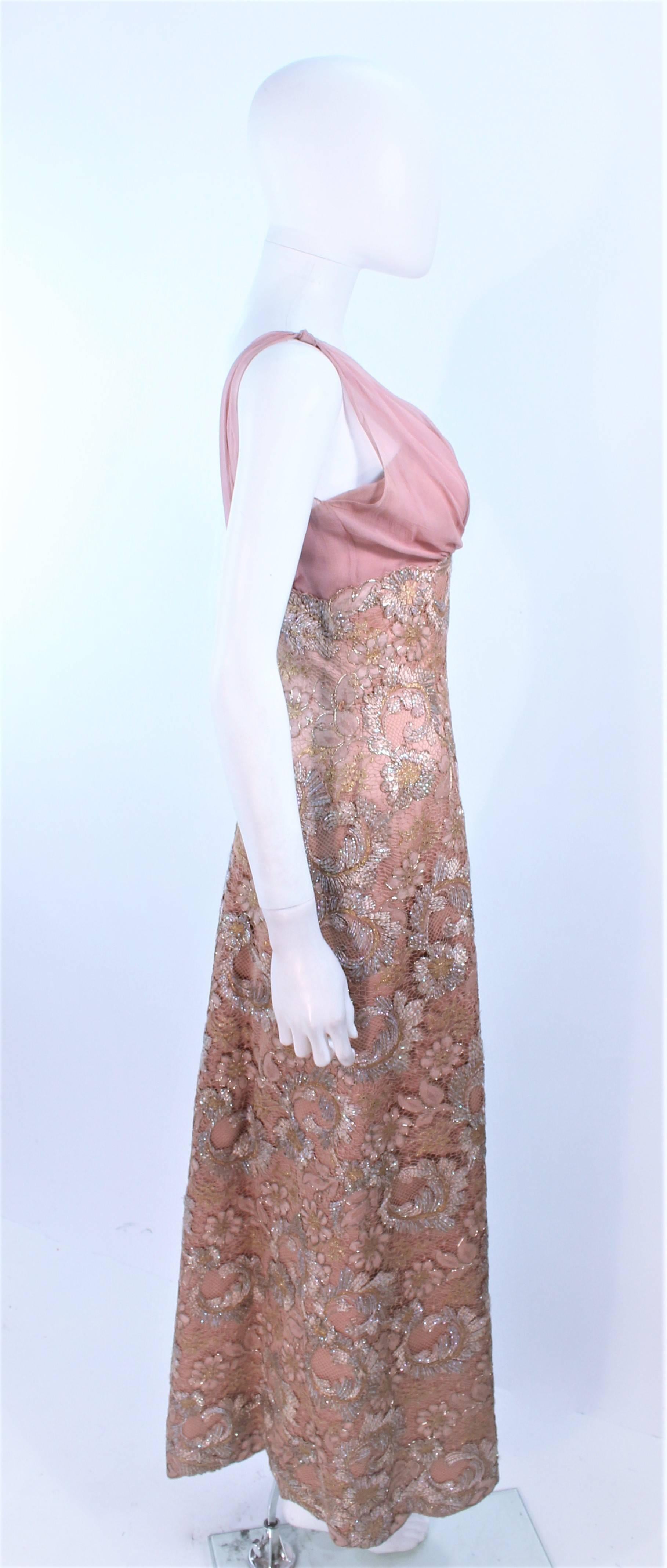 Vintage 1950's Peach Champagne Iridescent Lace Gown and Coat Size 8 10 For Sale 1