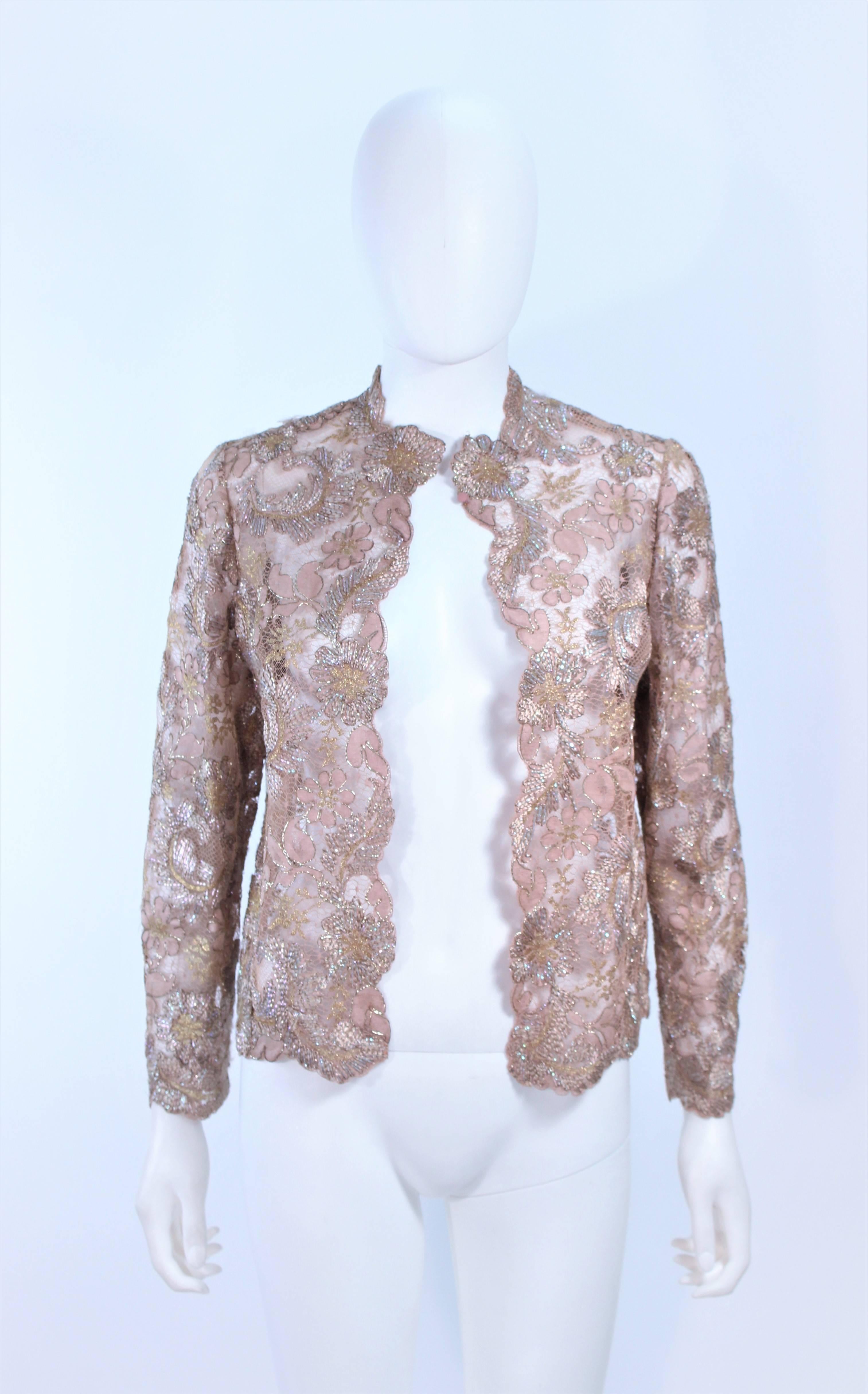 Vintage 1950's Peach Champagne Iridescent Lace Gown and Coat Size 8 10 For Sale 3