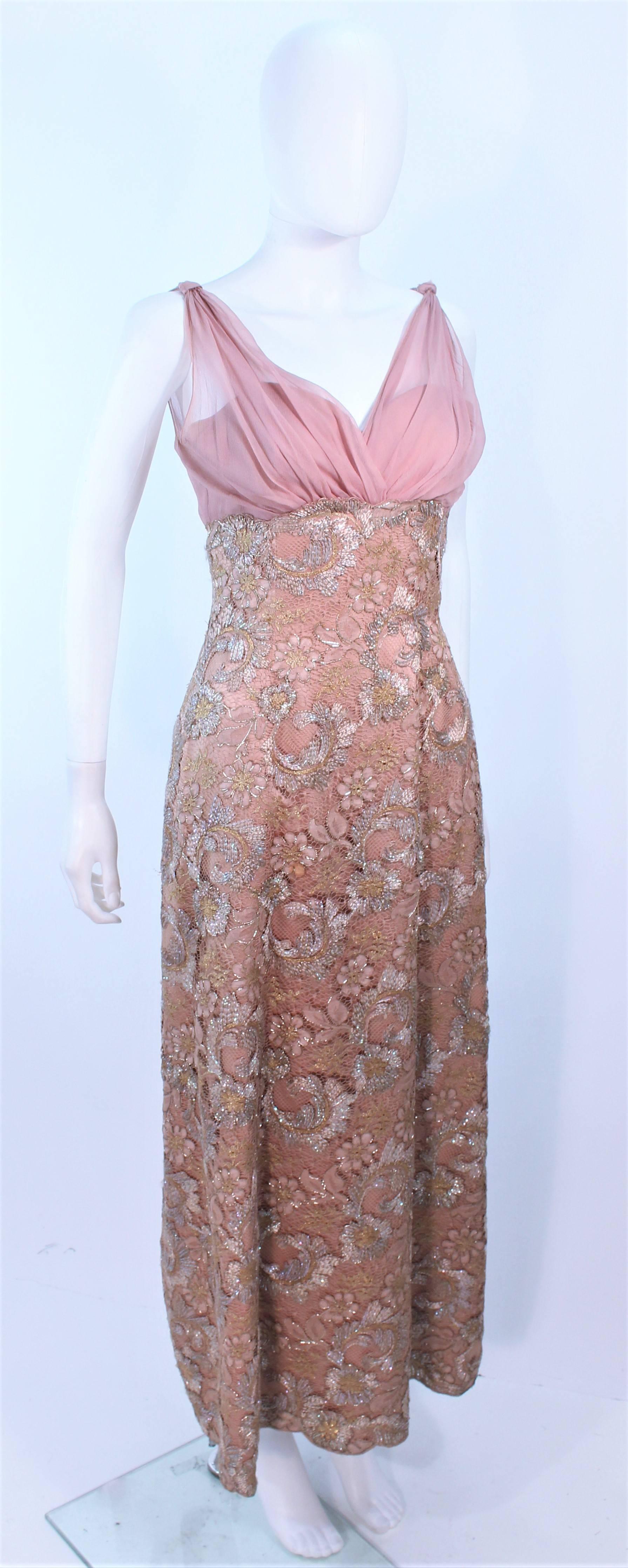 Brown Vintage 1950's Peach Champagne Iridescent Lace Gown and Coat Size 8 10 For Sale