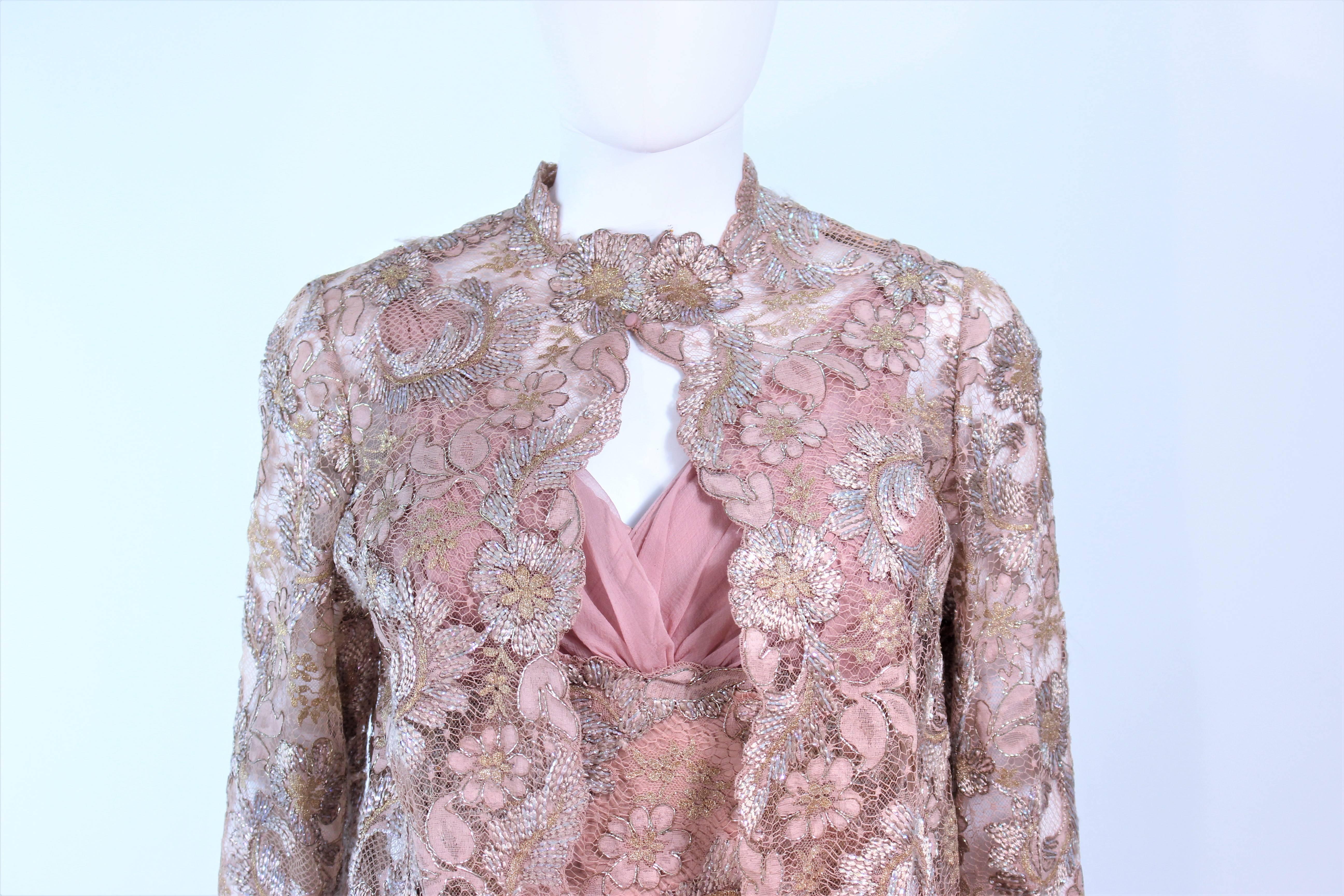Women's Vintage 1950's Peach Champagne Iridescent Lace Gown and Coat Size 8 10 For Sale