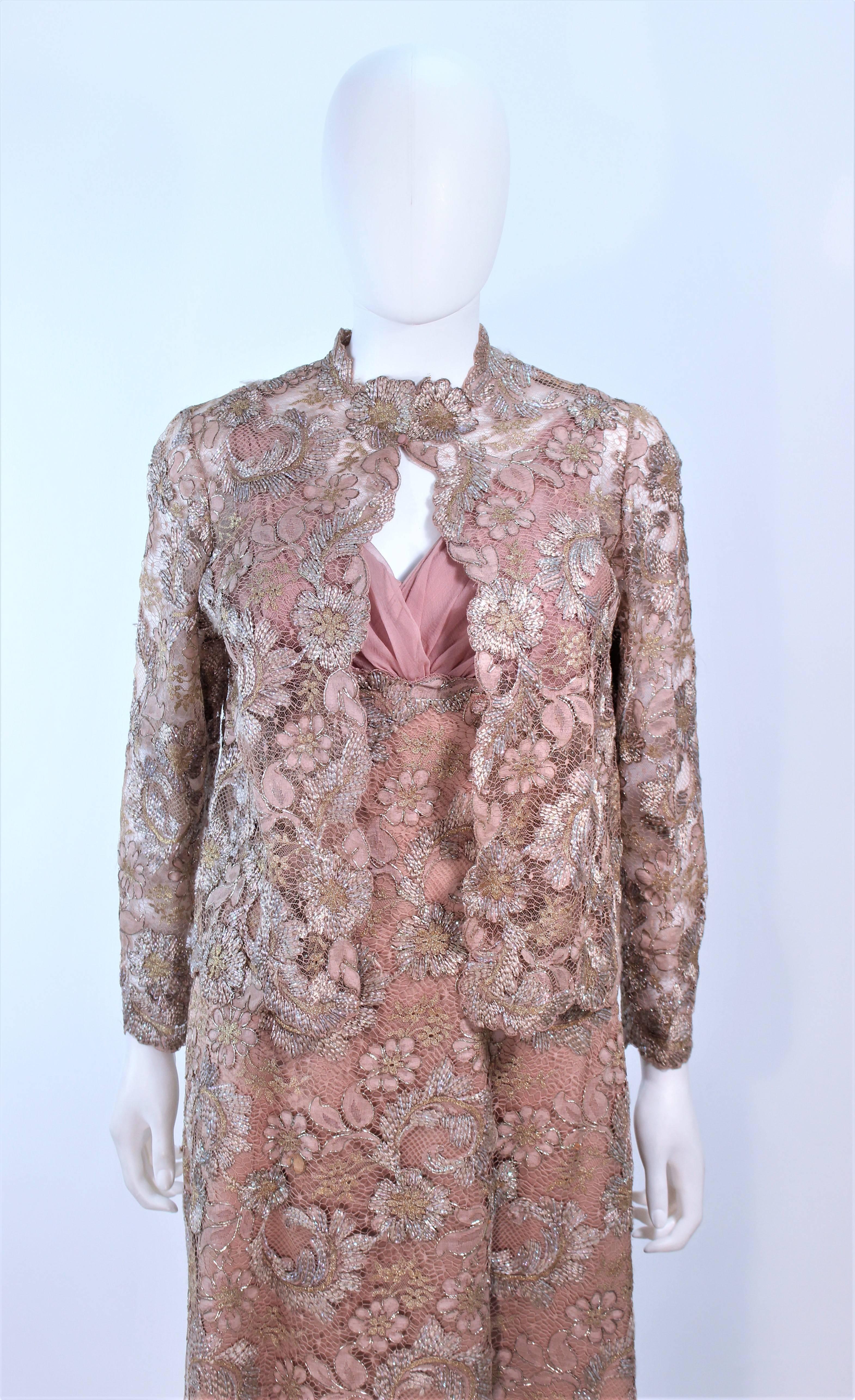 Vintage 1950's Peach Champagne Iridescent Lace Gown and Coat Size 8 10 In Excellent Condition For Sale In Los Angeles, CA