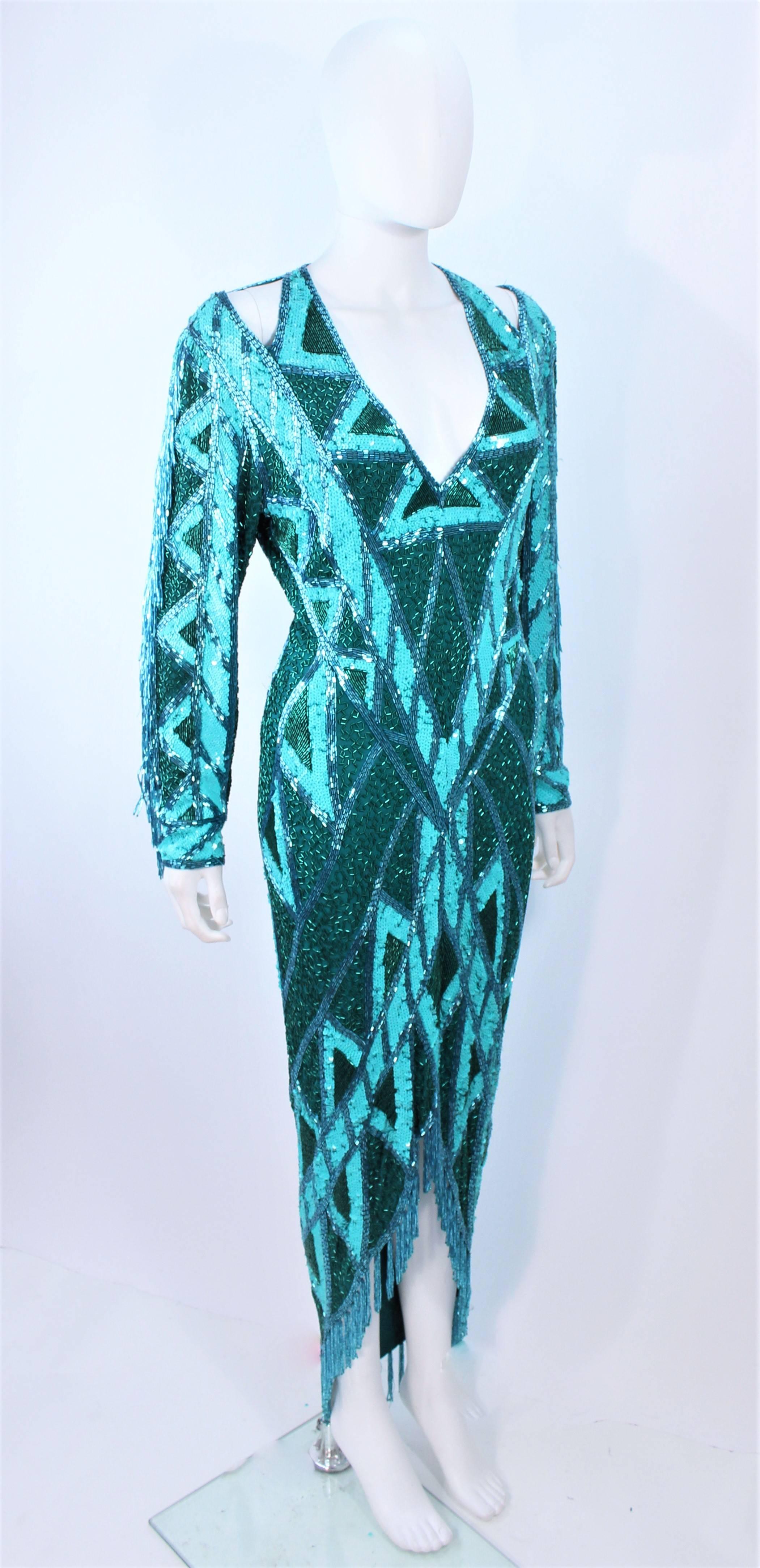 Blue BOB MACKIE Turquoise Beaded & Sequin Gown with Fringe Sleeves Size 10 12 For Sale
