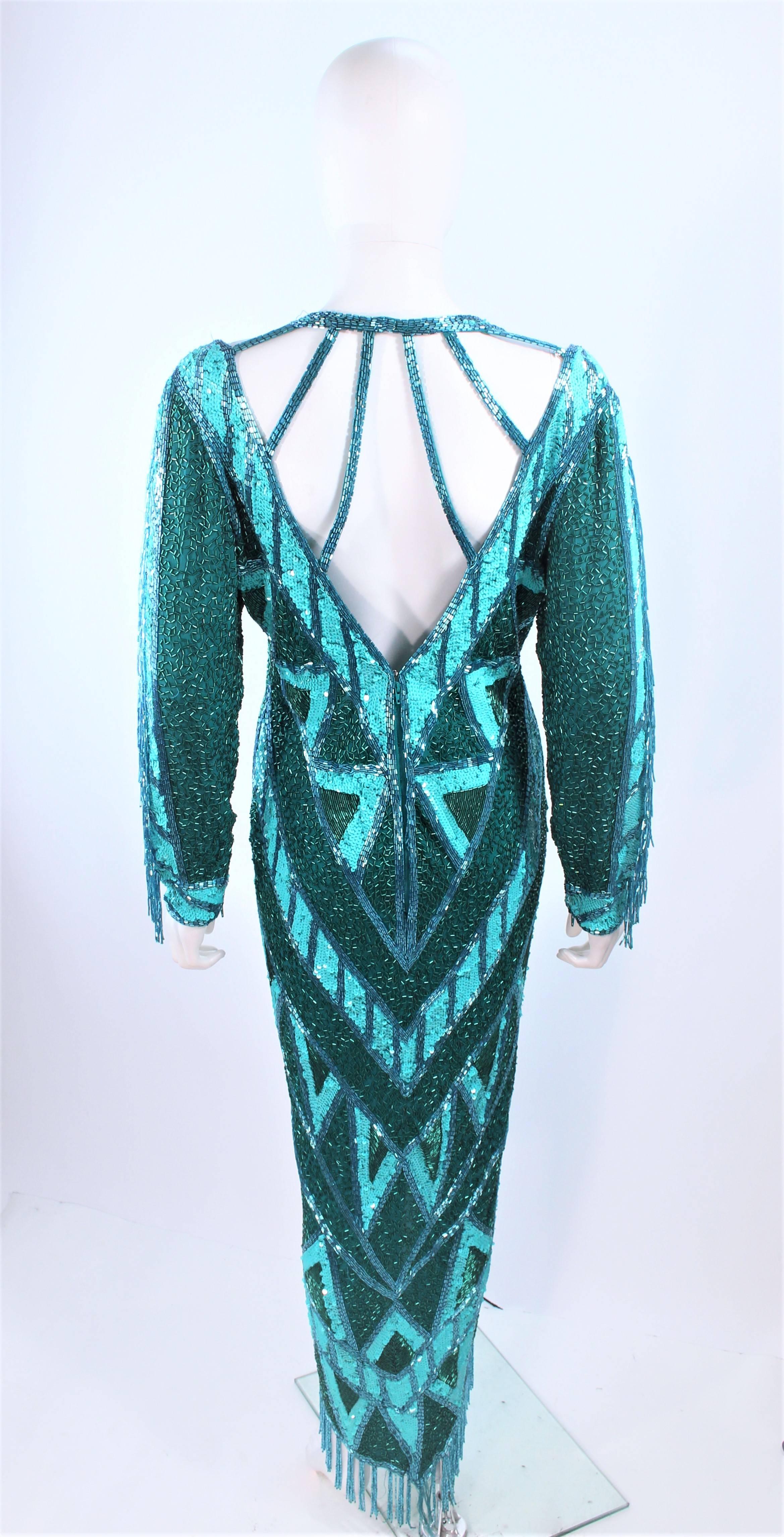 BOB MACKIE Turquoise Beaded & Sequin Gown with Fringe Sleeves Size 10 12 For Sale 1