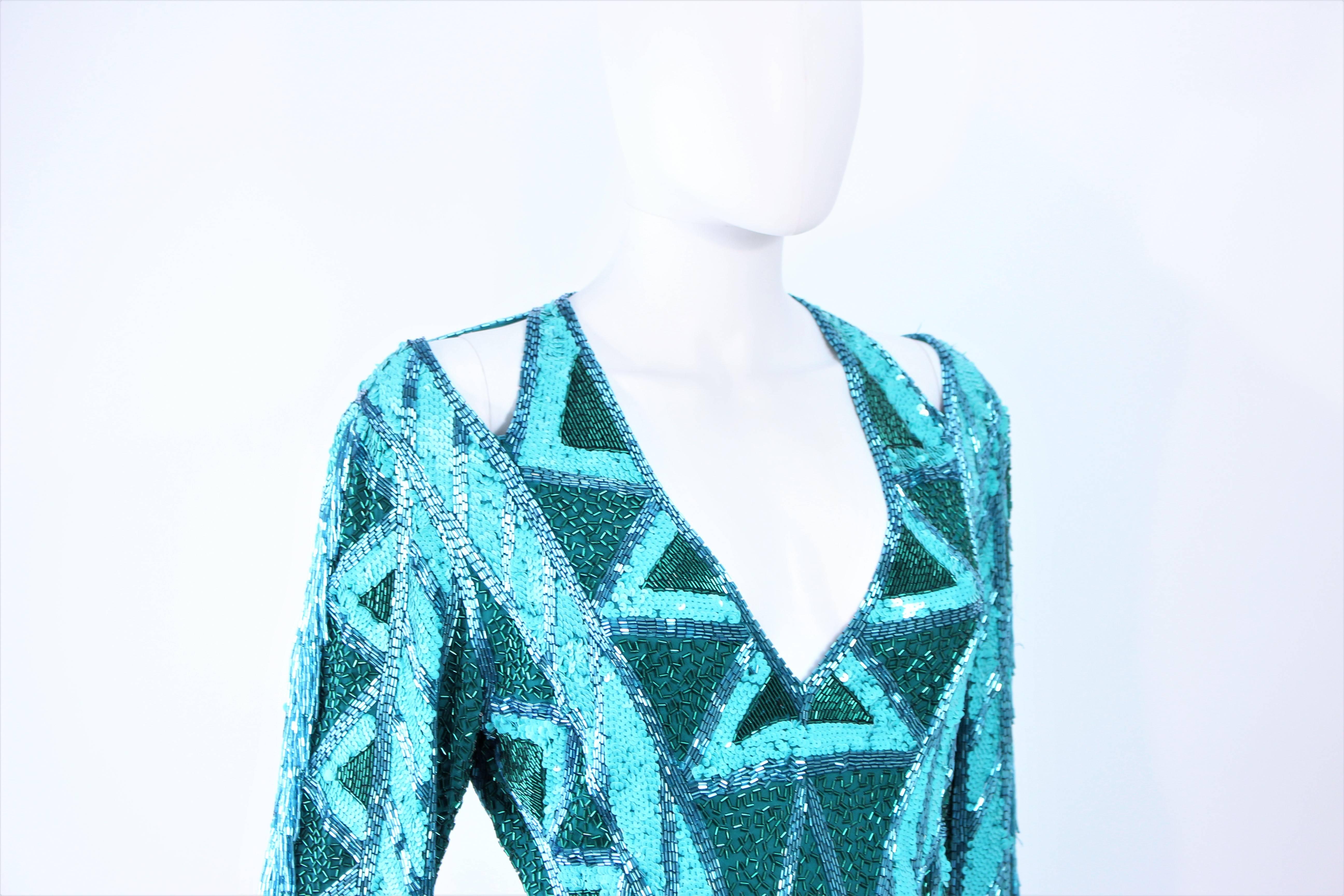 BOB MACKIE Turquoise Beaded & Sequin Gown with Fringe Sleeves Size 10 12 In Excellent Condition For Sale In Los Angeles, CA