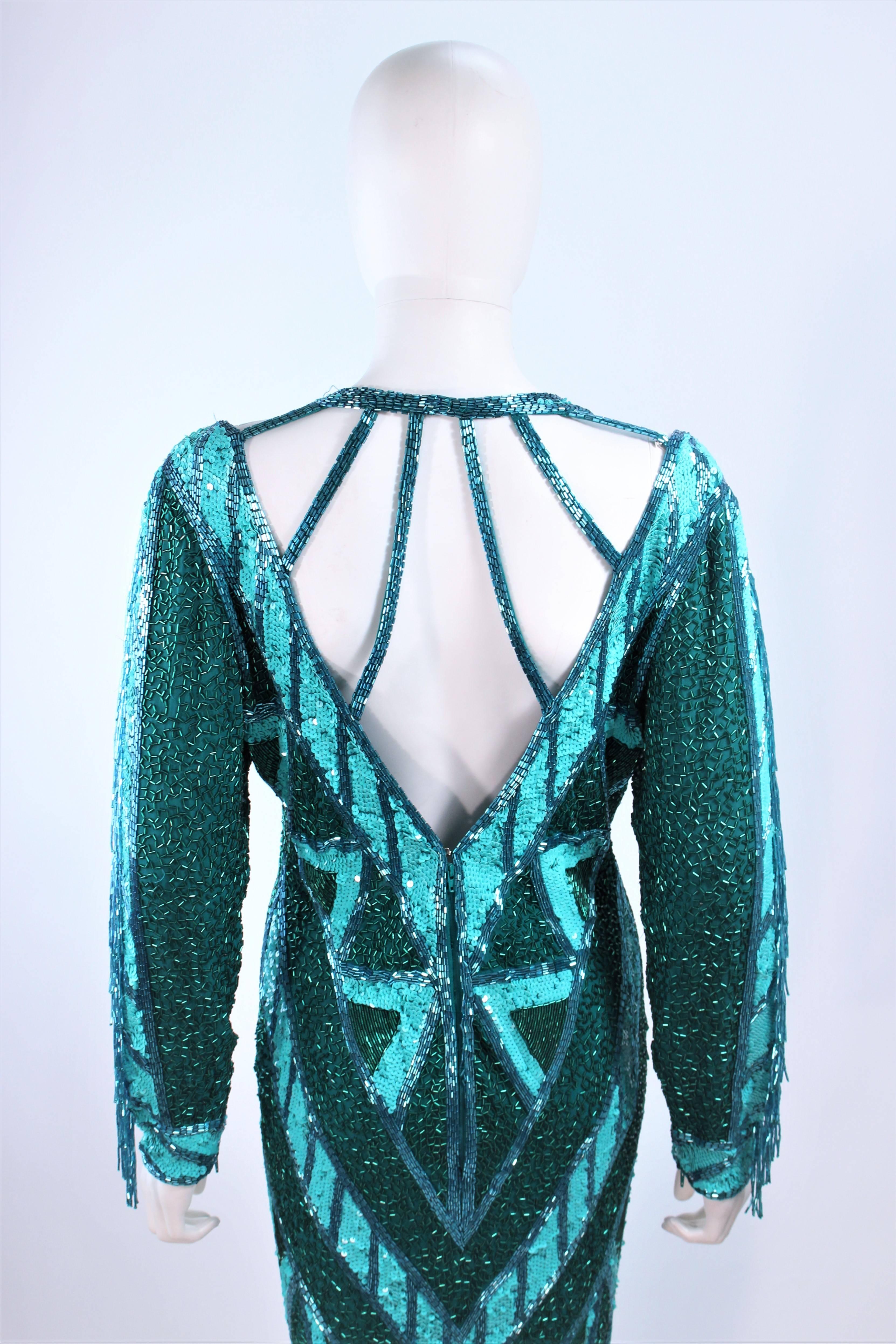 BOB MACKIE Turquoise Beaded & Sequin Gown with Fringe Sleeves Size 10 12 For Sale 2