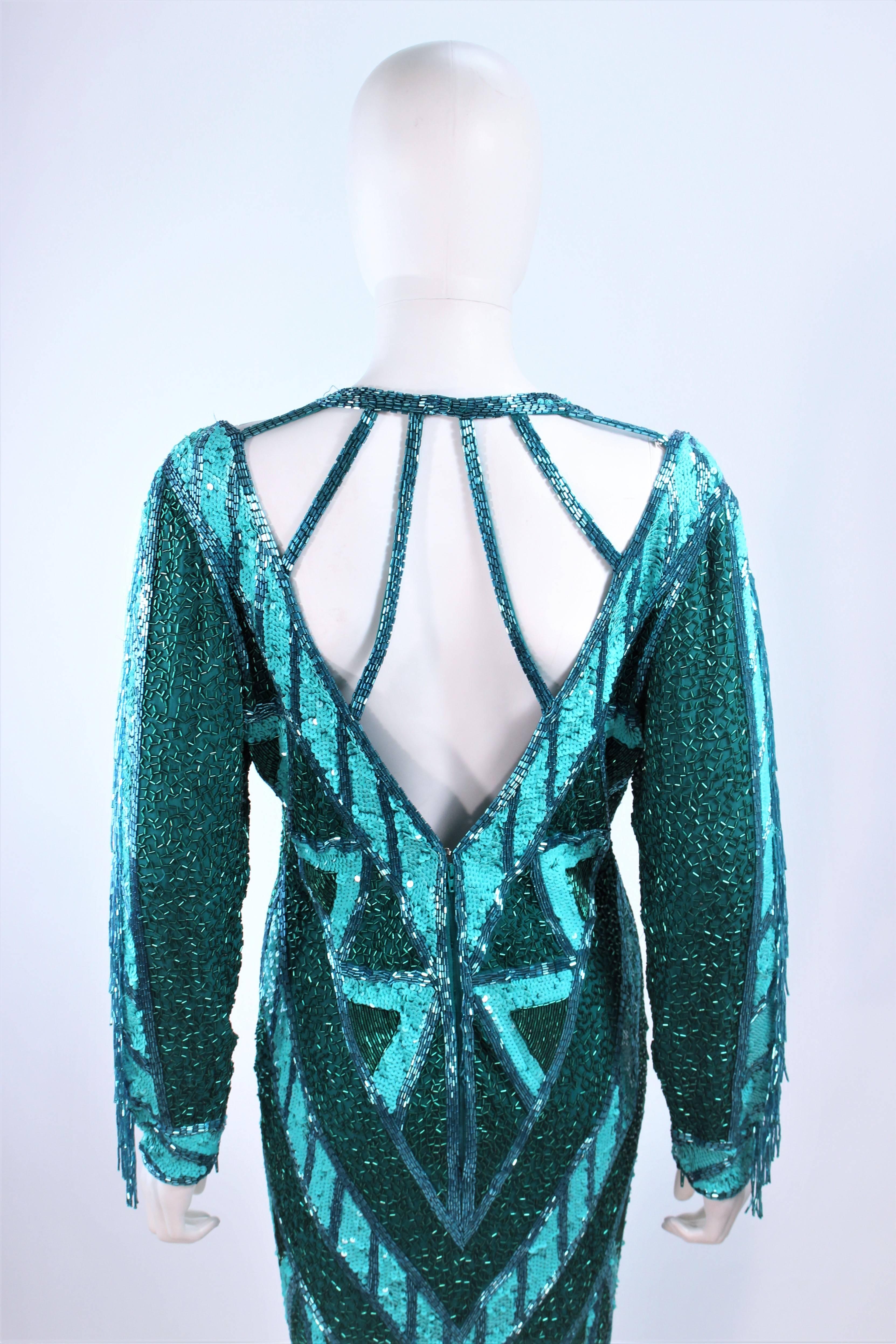 BOB MACKIE Turquoise Beaded & Sequin Gown with Fringe Sleeves Size 10 12 2