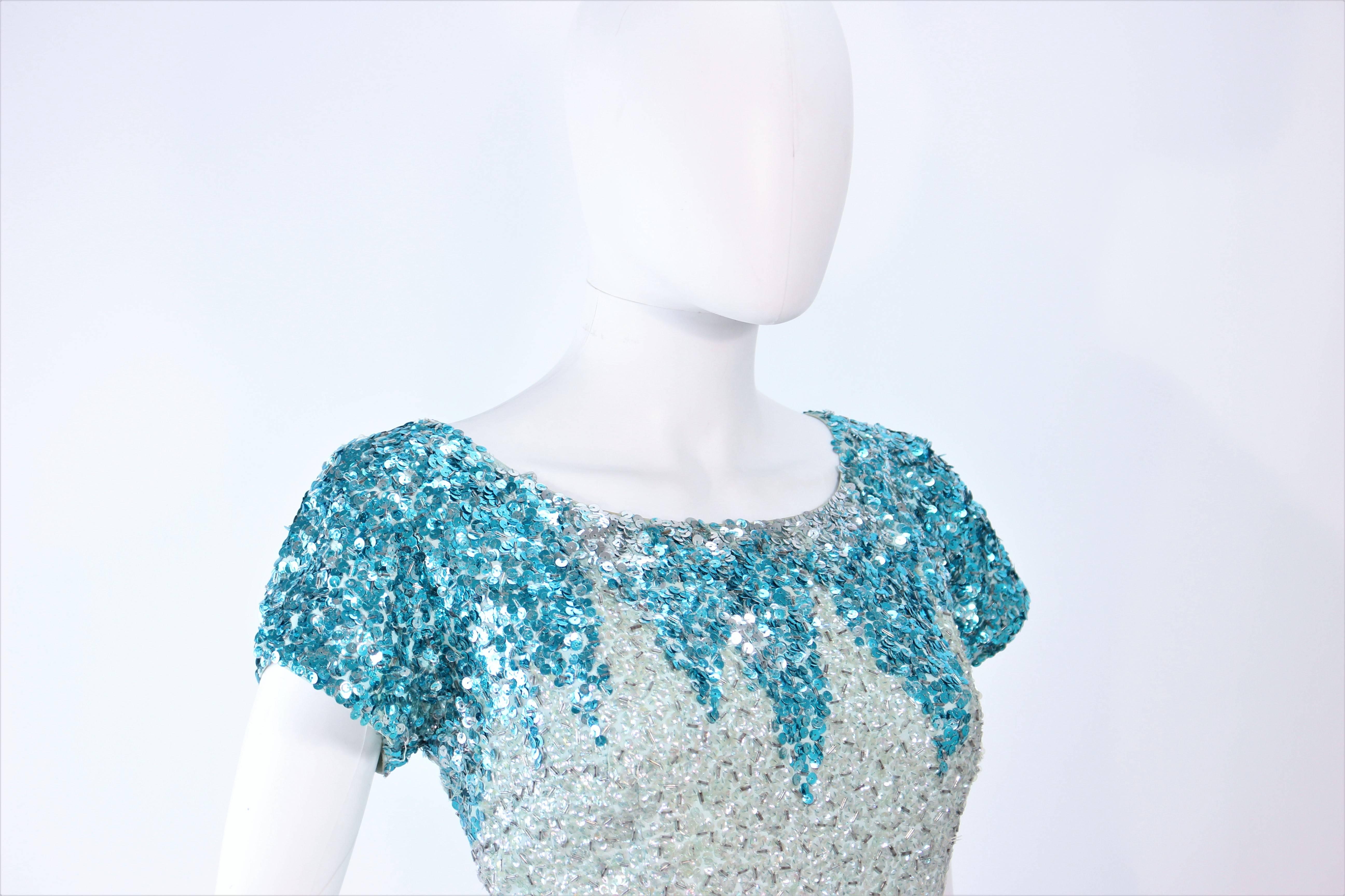 Vintage 1950's Aqua Sequin Cocktail Gown Size 8 10 In Excellent Condition For Sale In Los Angeles, CA