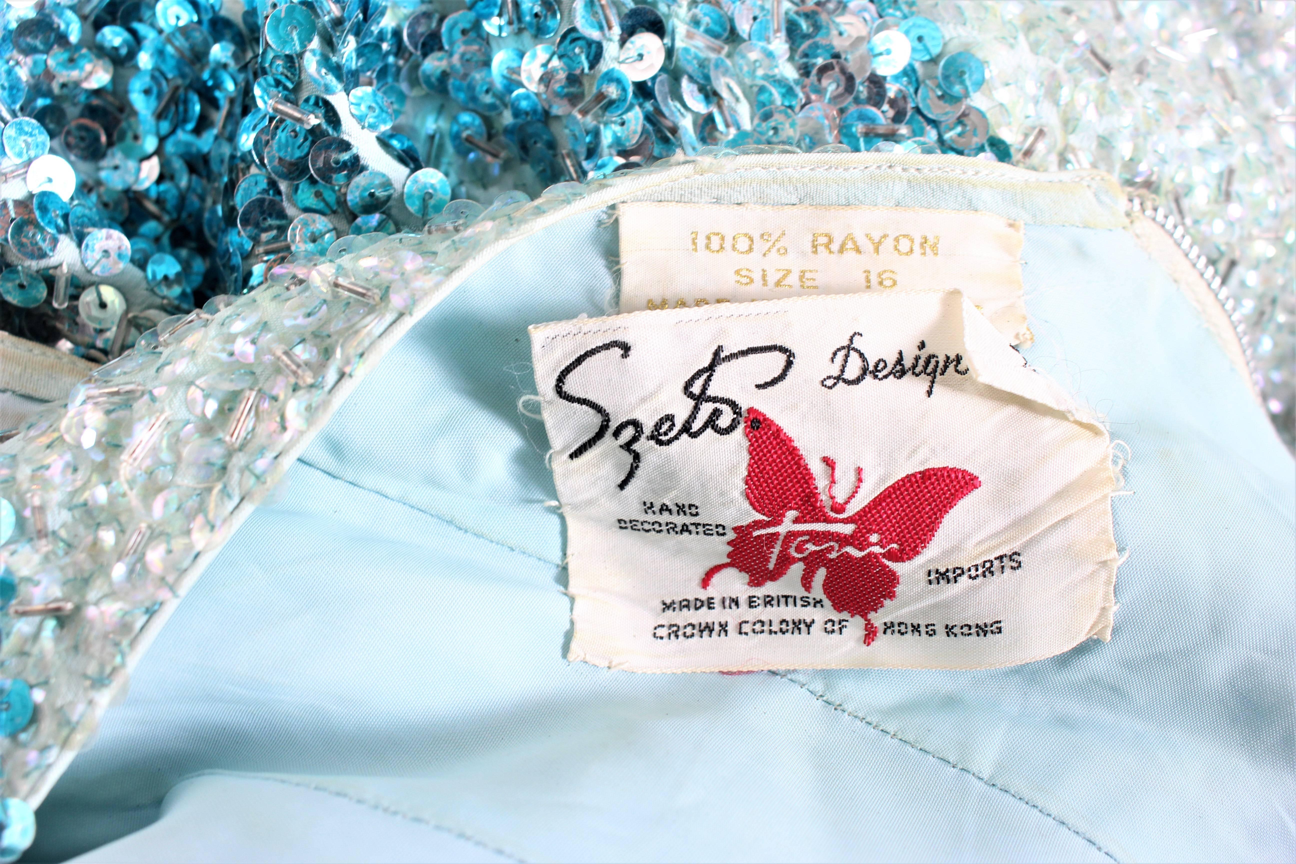 Vintage 1950er Aqua Pailletten-Cocktailkleid Größe 8 10 im Angebot 5