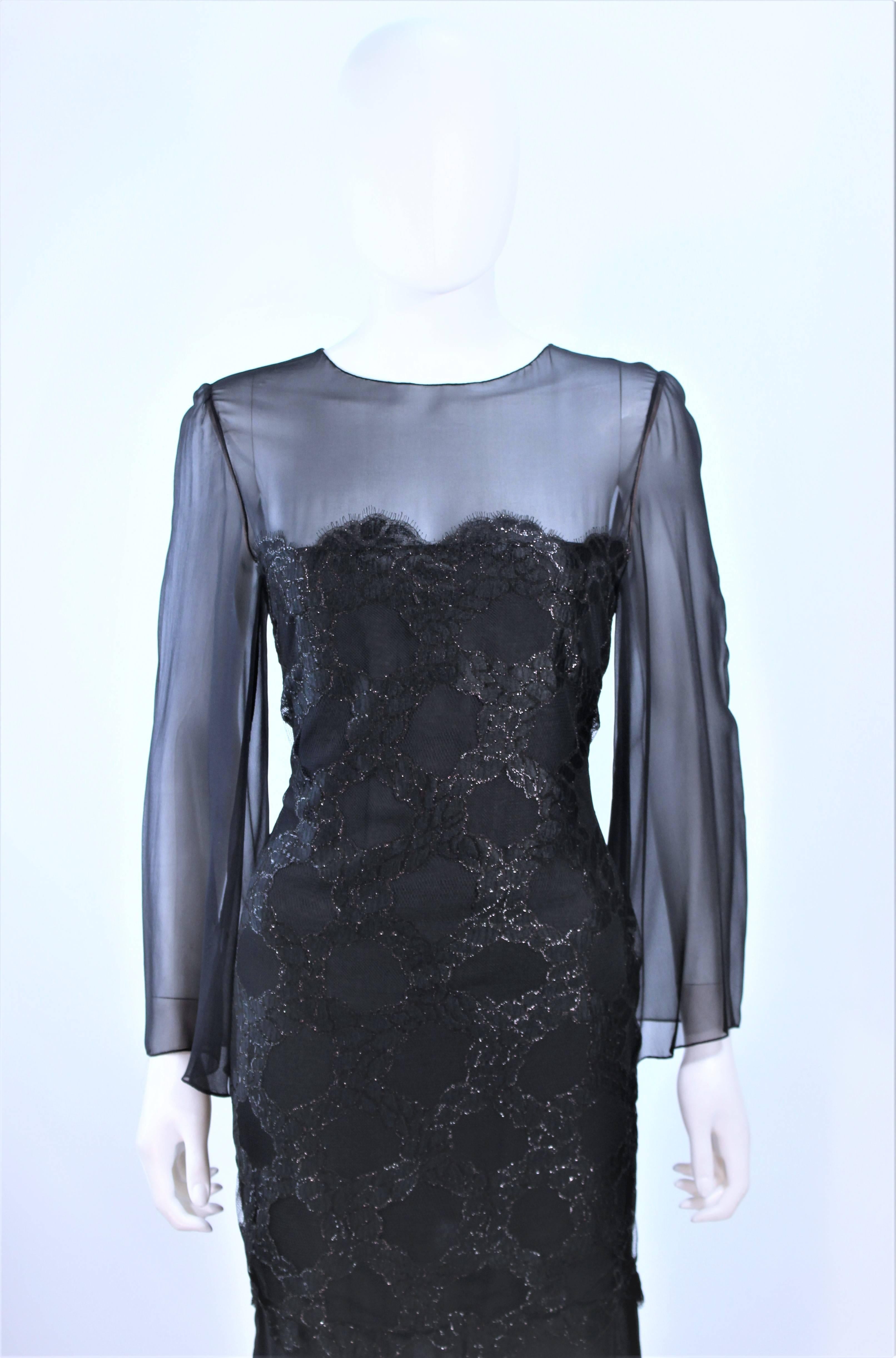 BILL BLASS Black Chiffon Gown with Gold Lame Bodice Size 12 In Excellent Condition For Sale In Los Angeles, CA