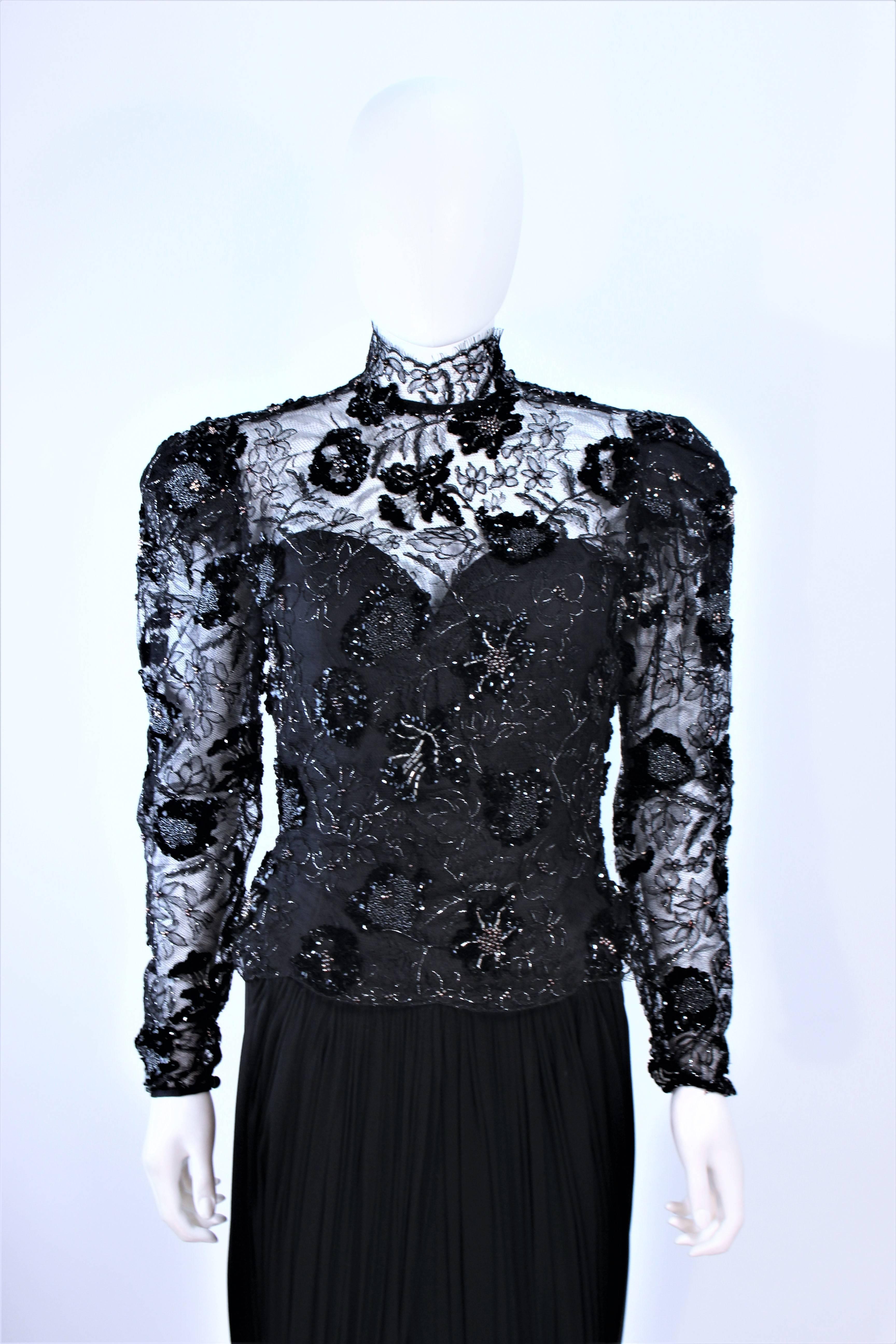 VICKY TIEL Black Lace Drape Gown with Sequin Applique Size 6 In Excellent Condition For Sale In Los Angeles, CA
