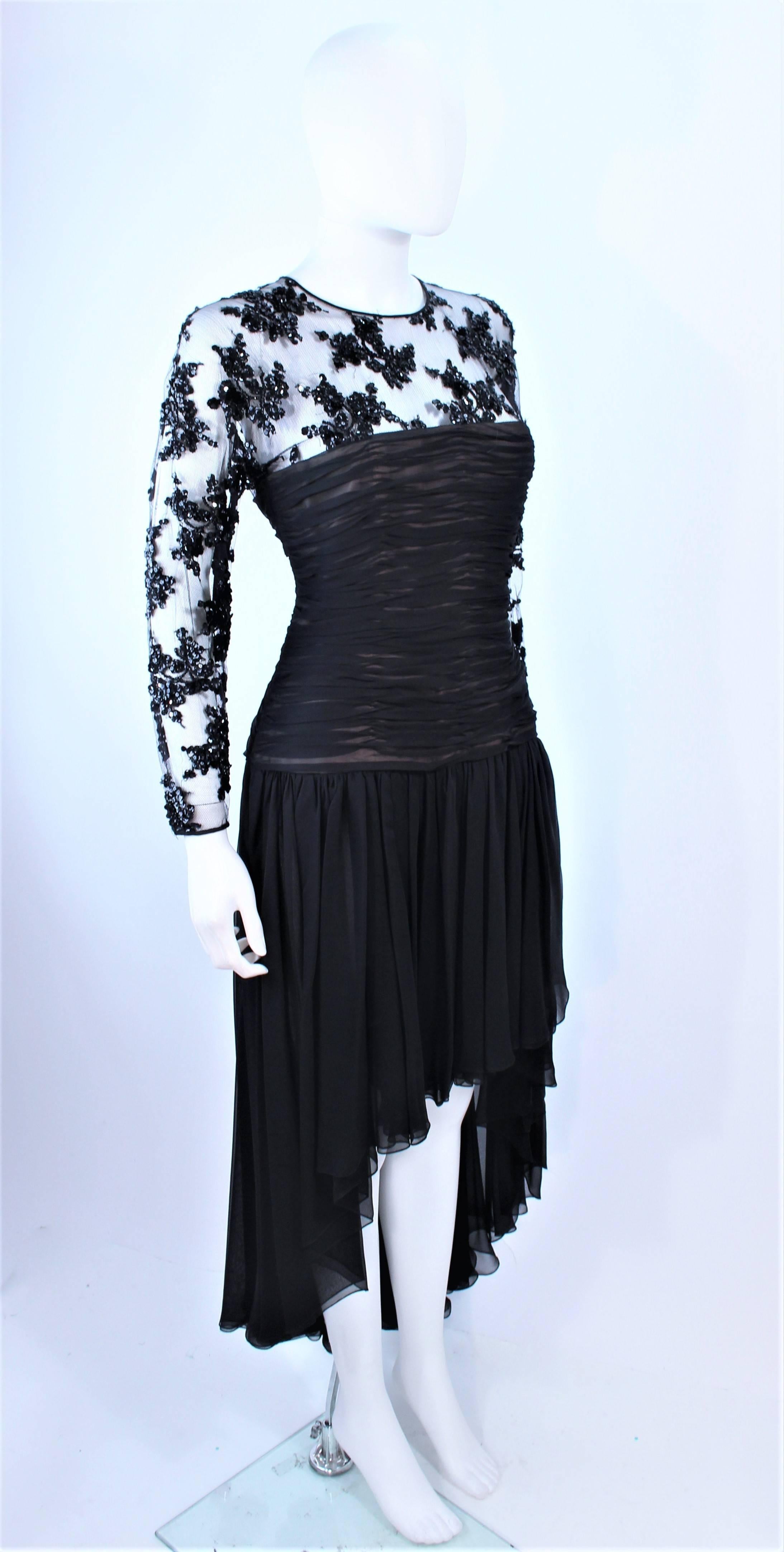 Women's OSCAR DE LA RENTA Black Chiffon Lace High Low Cocktail Gown Size 12 14 For Sale