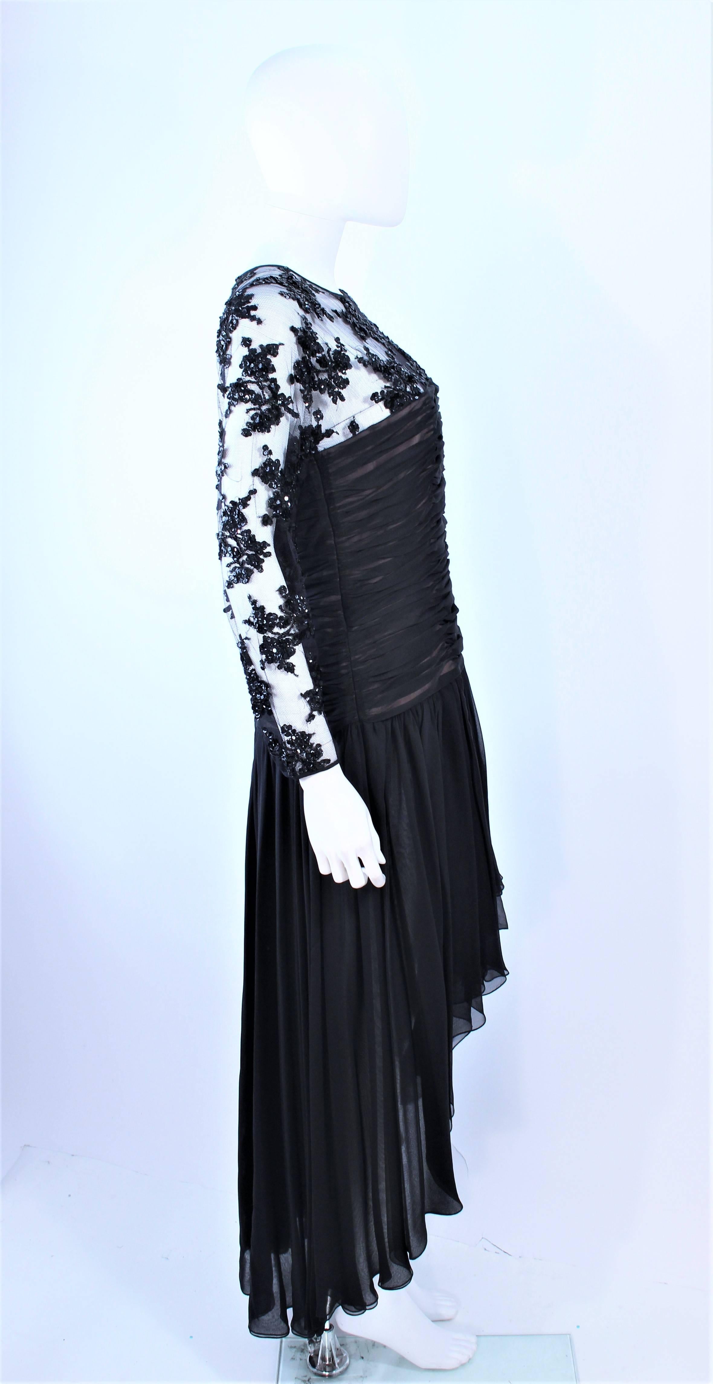 OSCAR DE LA RENTA Black Chiffon Lace High Low Cocktail Gown Size 12 14 For Sale 4