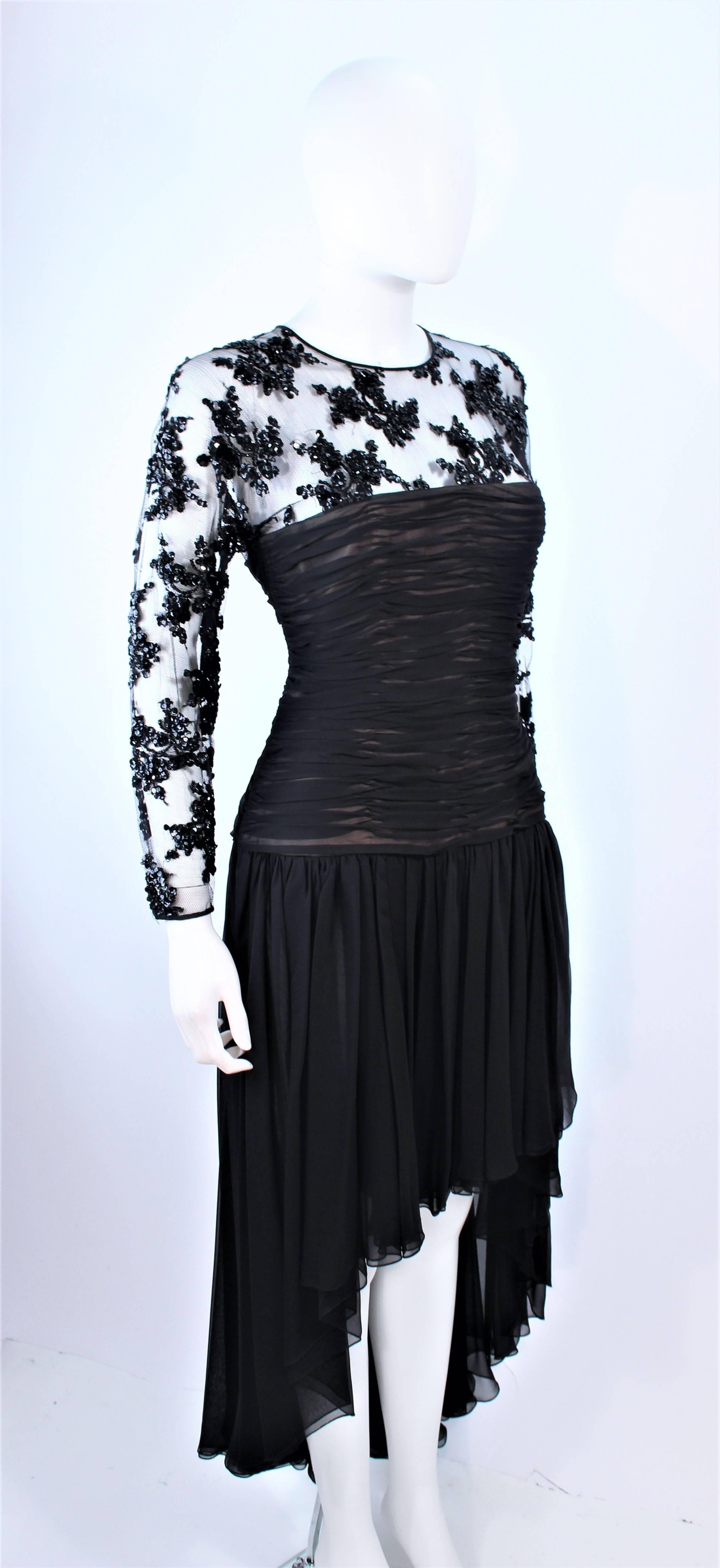 OSCAR DE LA RENTA Black Chiffon Lace High Low Cocktail Gown Size 12 14 For Sale 1