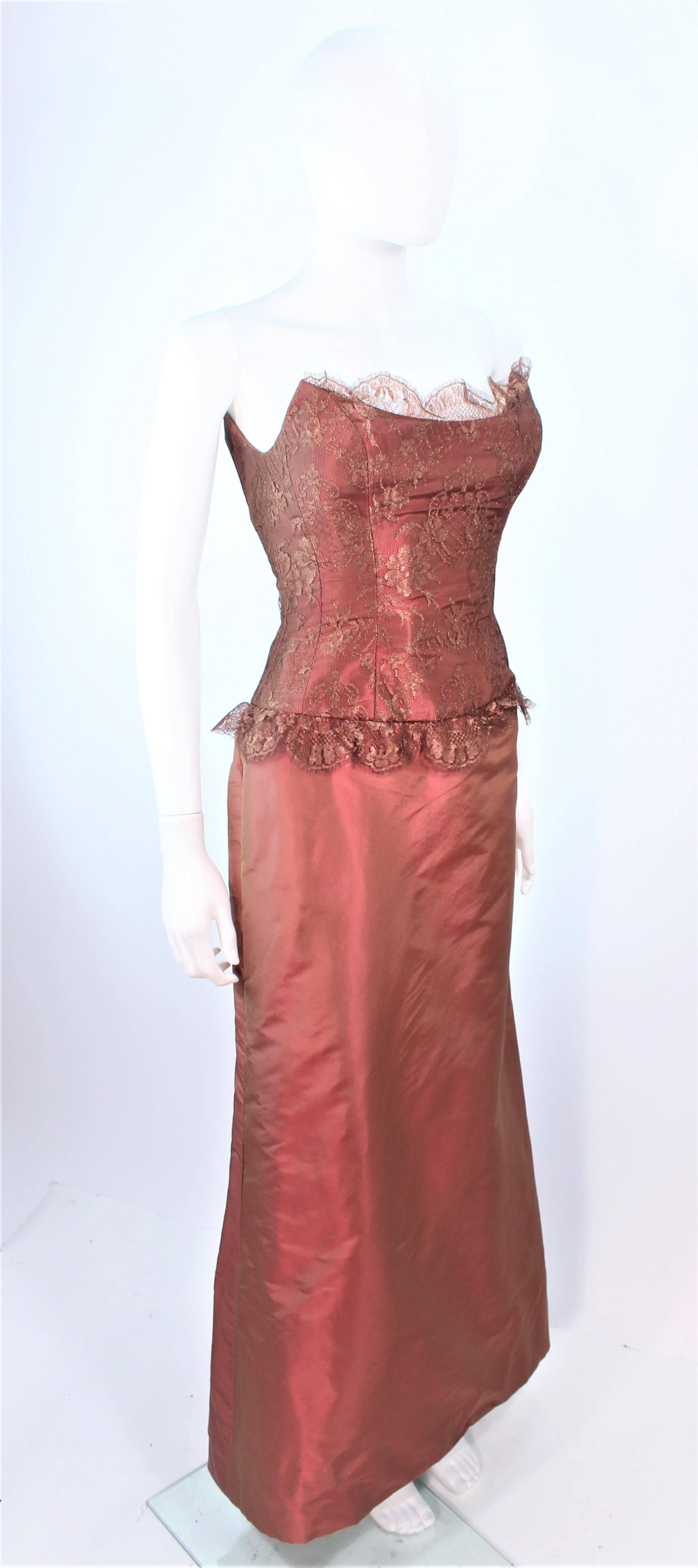 ELIZABETH FILLMORE Bronze Lace & Satin Evening Gown Ensemble with Coat Size 10 In Excellent Condition For Sale In Los Angeles, CA